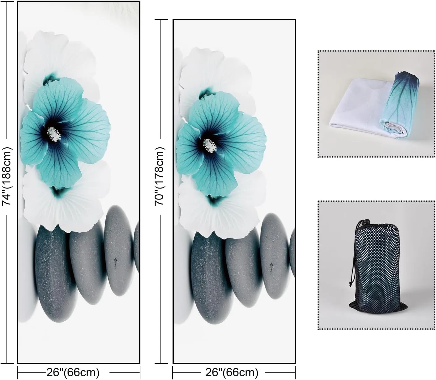QiyI Yoga Towel with Travel Bag, Microfiber Mat-Sized Hot Yoga Towels, Non Slip Blanket with Corner Pockets, Quick Dry Mat Towel for Bikram, Pilates, Fitness - 70"x26", Pebbles & Blue White Flowers