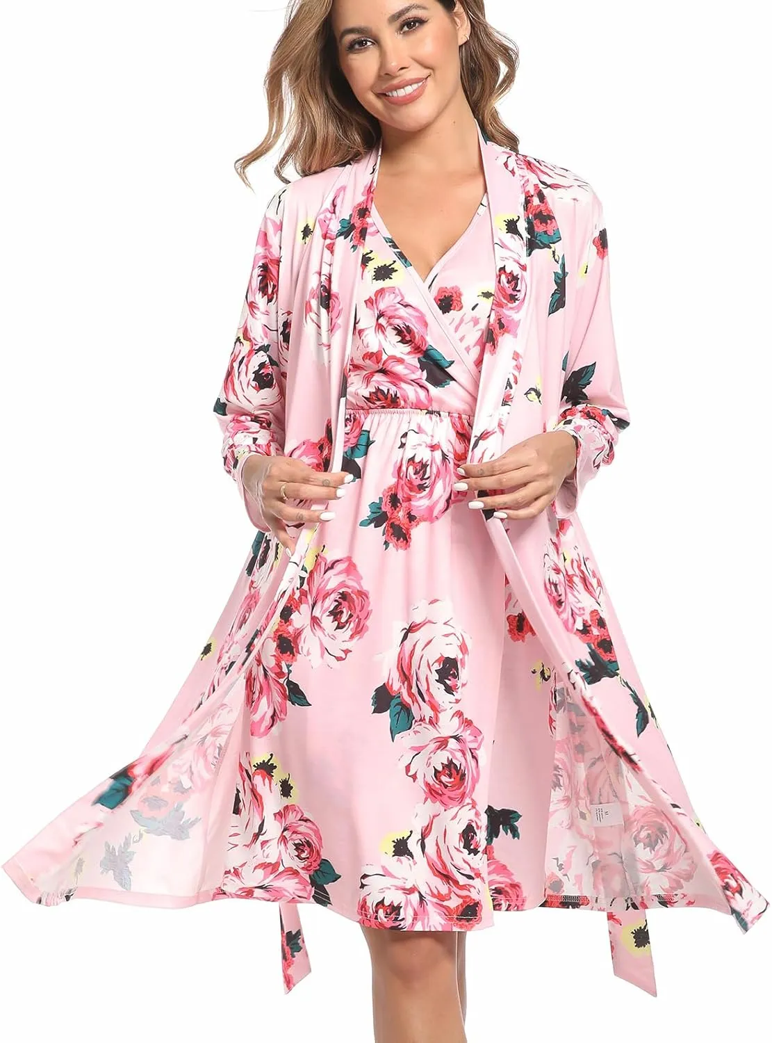 QTECLOR Mommy Robe Set for Maternity with Matching Swaddle Blanket, Delivery Labor Gown Robe for Hospital Women Dress