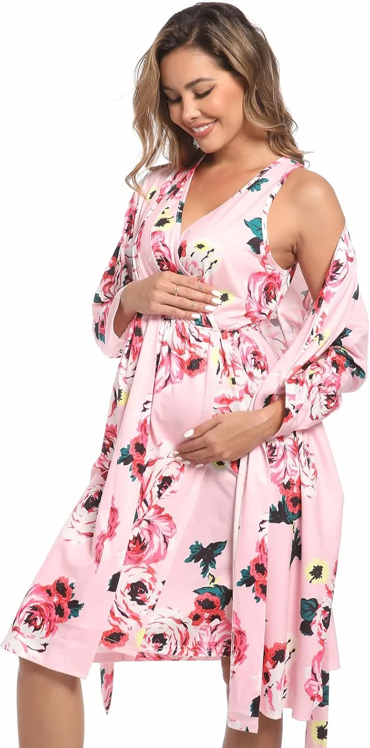 QTECLOR Mommy Robe Set for Maternity with Matching Swaddle Blanket, Delivery Labor Gown Robe for Hospital Women Dress
