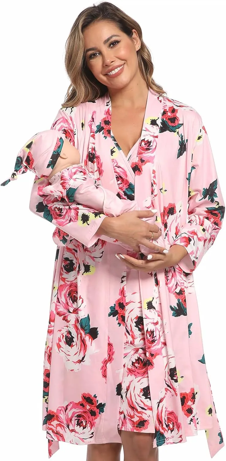 QTECLOR Mommy Robe Set for Maternity with Matching Swaddle Blanket, Delivery Labor Gown Robe for Hospital Women Dress
