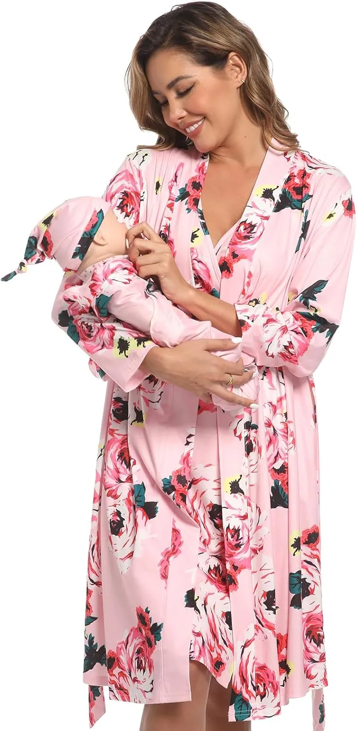 QTECLOR Mommy Robe Set for Maternity with Matching Swaddle Blanket, Delivery Labor Gown Robe for Hospital Women Dress