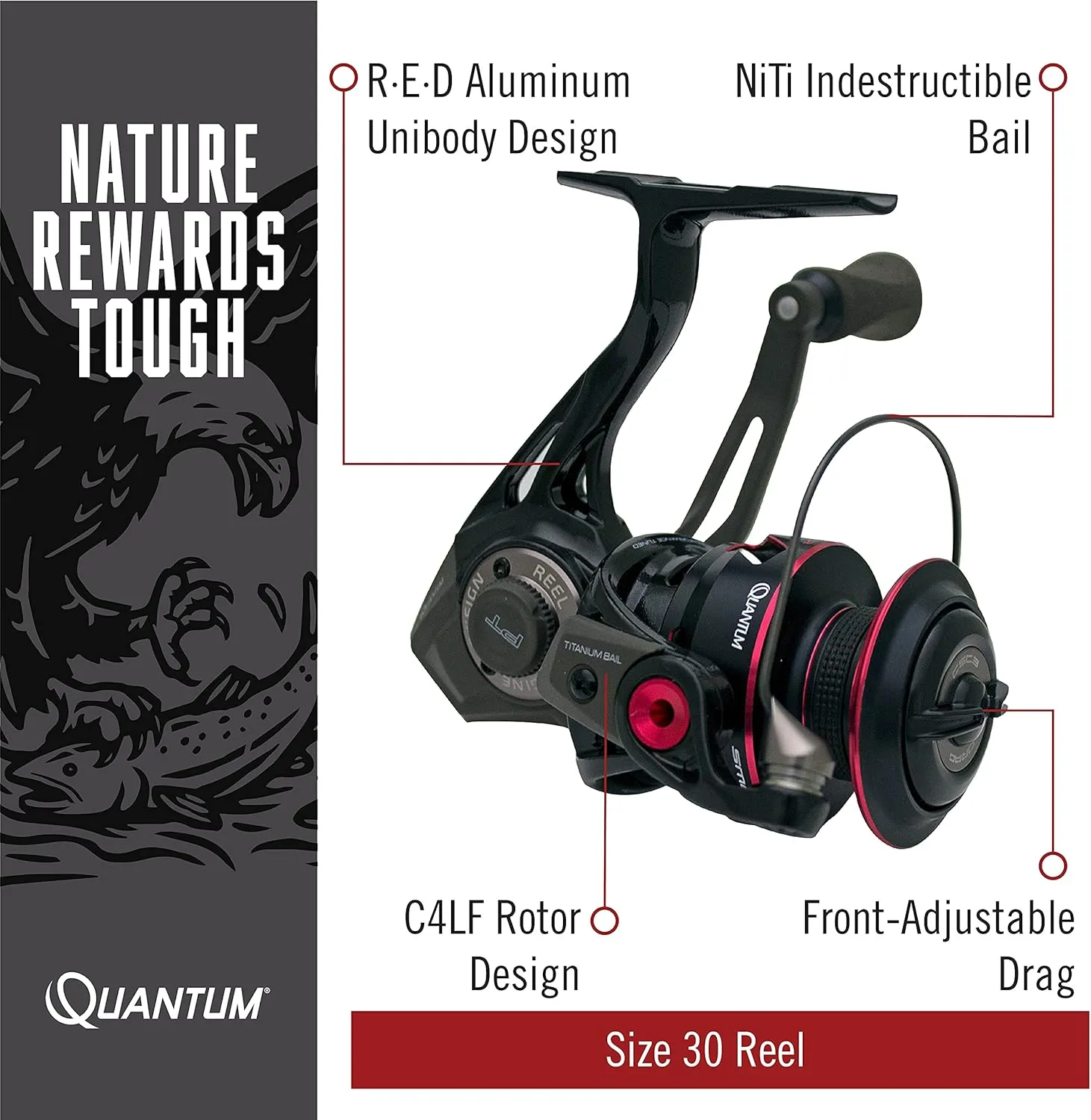 Quantum Smoke Spinning Fishing Reel, Changeable Right- or Left-Hand Retrieve, Continuous Anti-Reverse Clutch with NiTi Indestructible Bail, SCR Alloy Frame, Black