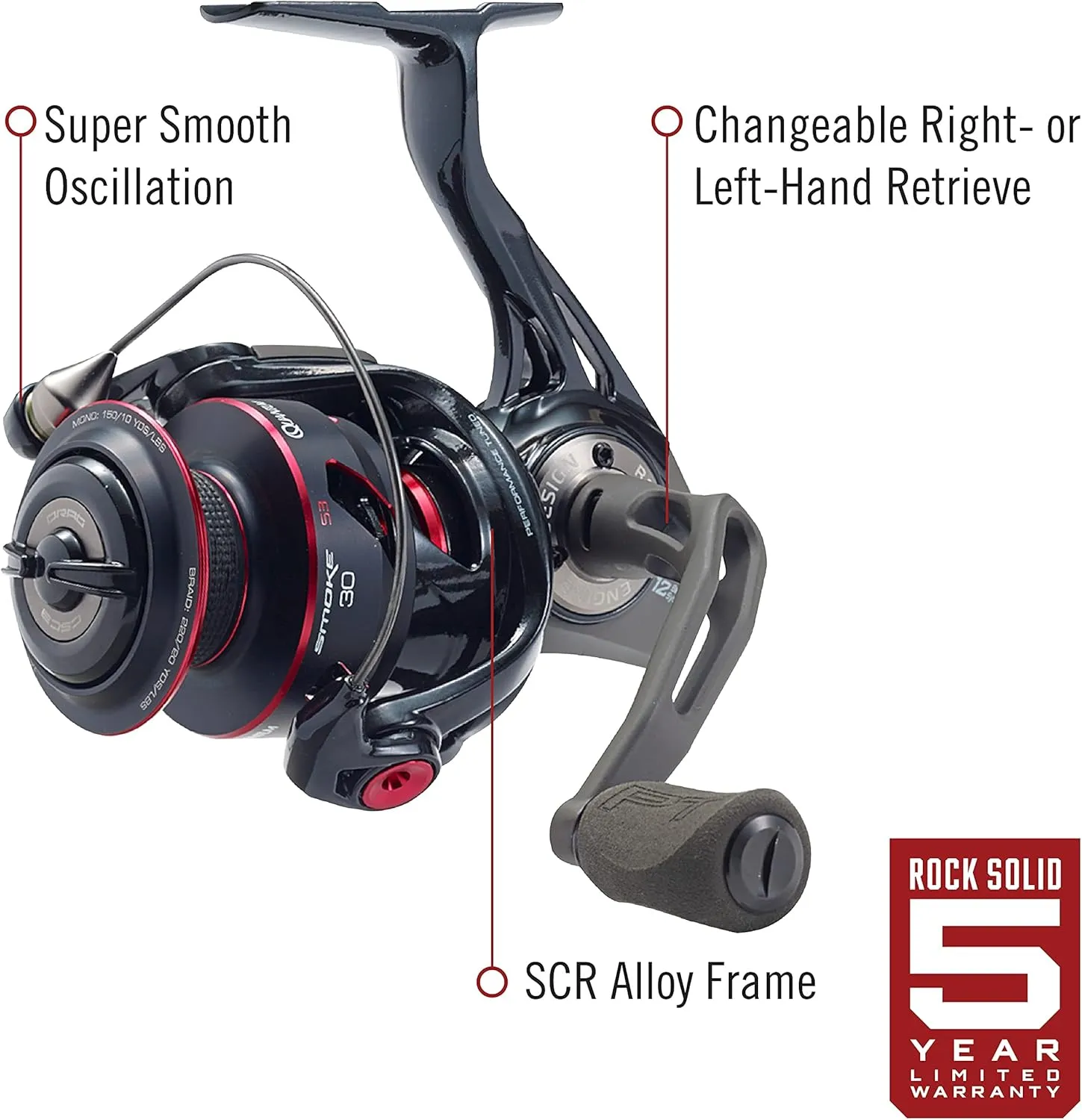 Quantum Smoke Spinning Fishing Reel, Changeable Right- or Left-Hand Retrieve, Continuous Anti-Reverse Clutch with NiTi Indestructible Bail, SCR Alloy Frame, Black