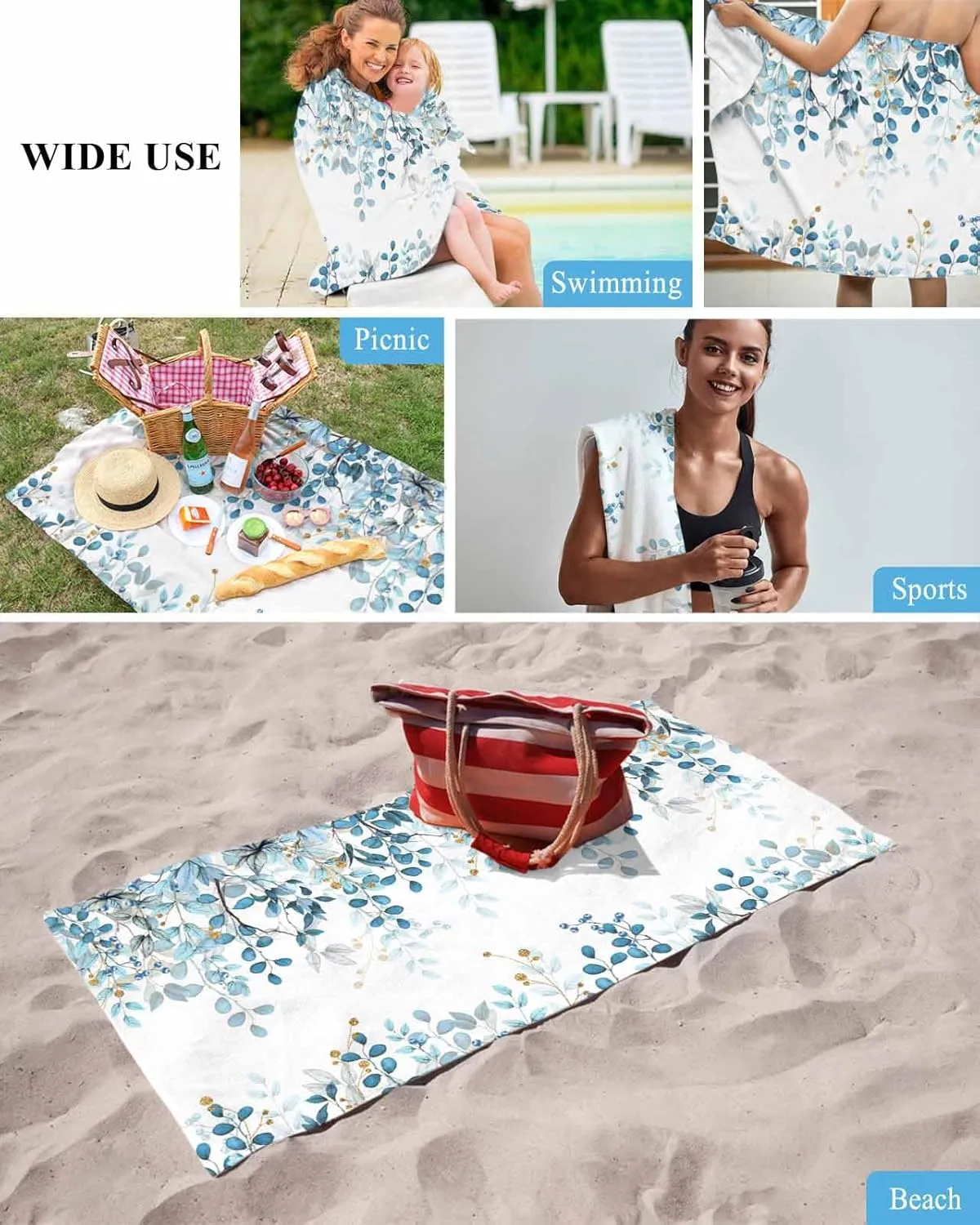 Quick-Drying Microfiber Beach Towel, Abstract Art Blue Leaves Branches Soft Absorbent Bath Shower Towels, Lightweight Portable Towel/Blanket for Travel/Swimming Pool/Camping/Yoga/Gym，35x70 Inch