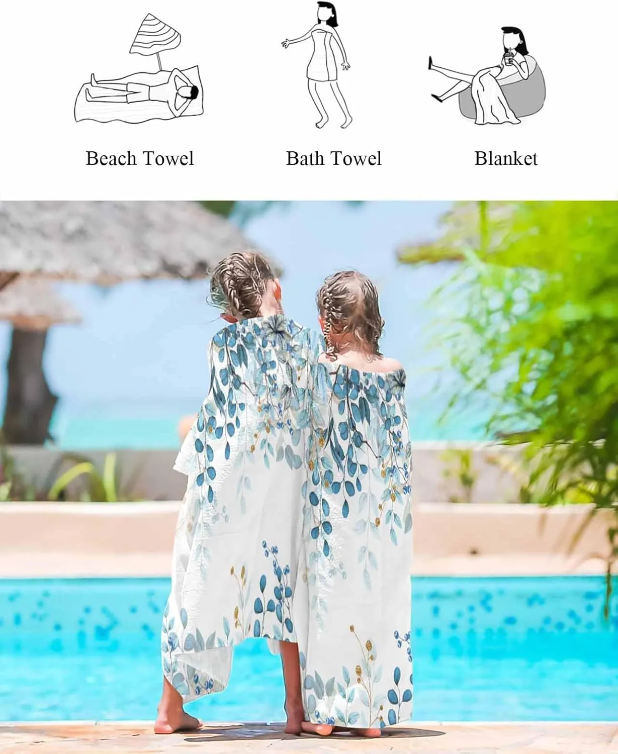 Quick-Drying Microfiber Beach Towel, Abstract Art Blue Leaves Branches Soft Absorbent Bath Shower Towels, Lightweight Portable Towel/Blanket for Travel/Swimming Pool/Camping/Yoga/Gym，35x70 Inch