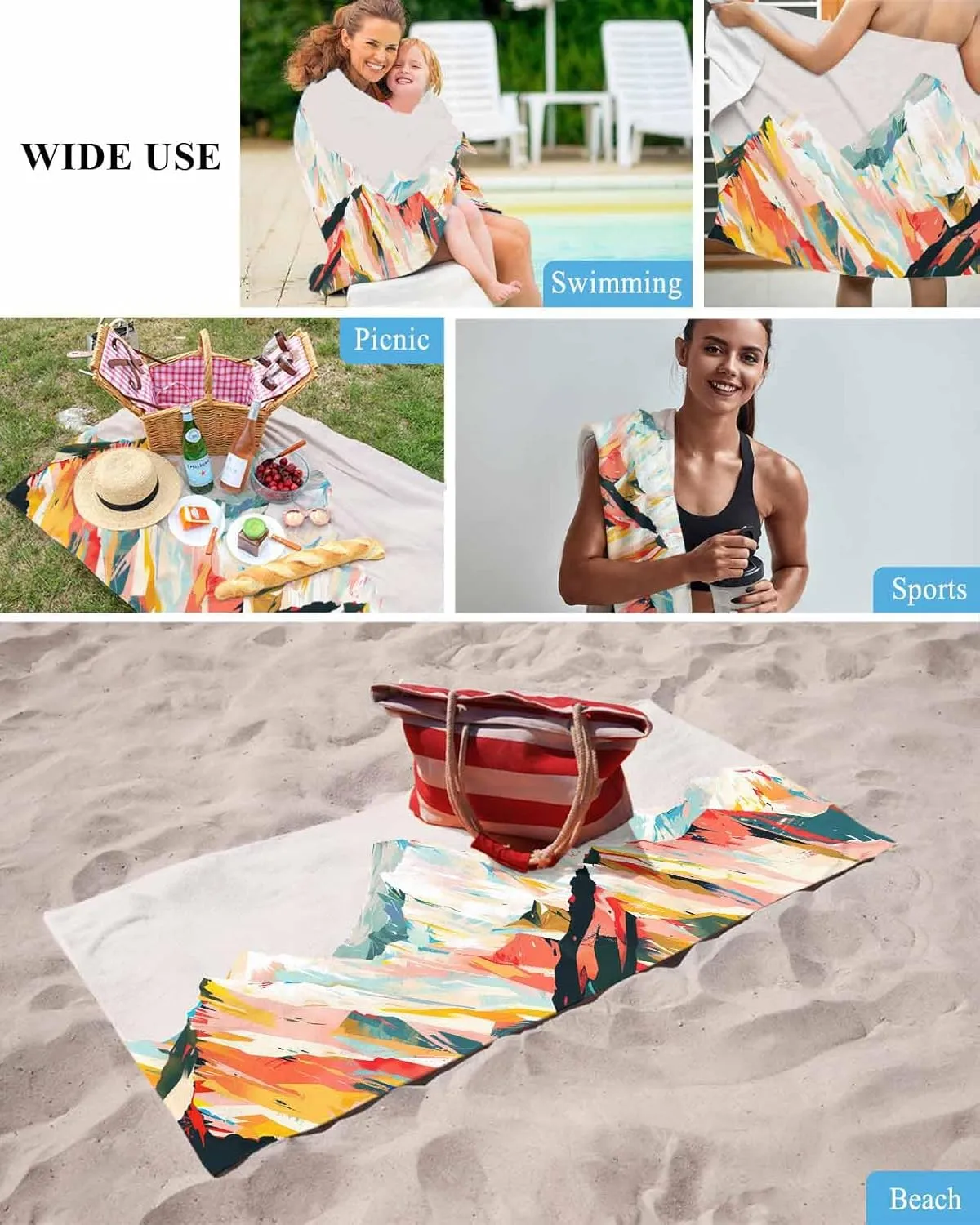 Quick-Drying Microfiber Beach Towel, Abstract Art Soft Absorbent Bath Shower Towels, Oil Painting Mountains Lightweight Portable Towel/Blanket for Travel/Swimming Pool/Camping/Yoga/Gym，35x70 Inch