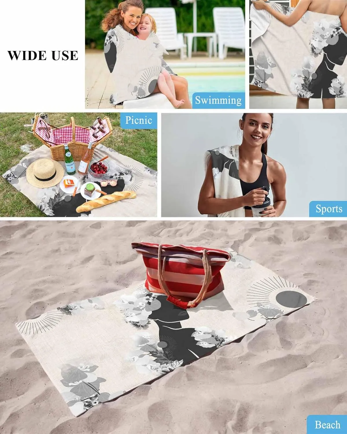 Quick-Drying Microfiber Beach Towel, Boho Black Soft Absorbent Bath Shower Towels, Flower Plant Burlap Lightweight Portable Towel/Blanket for Travel/Swimming Pool/Camping/Yoga/Gym，35x70 Inch