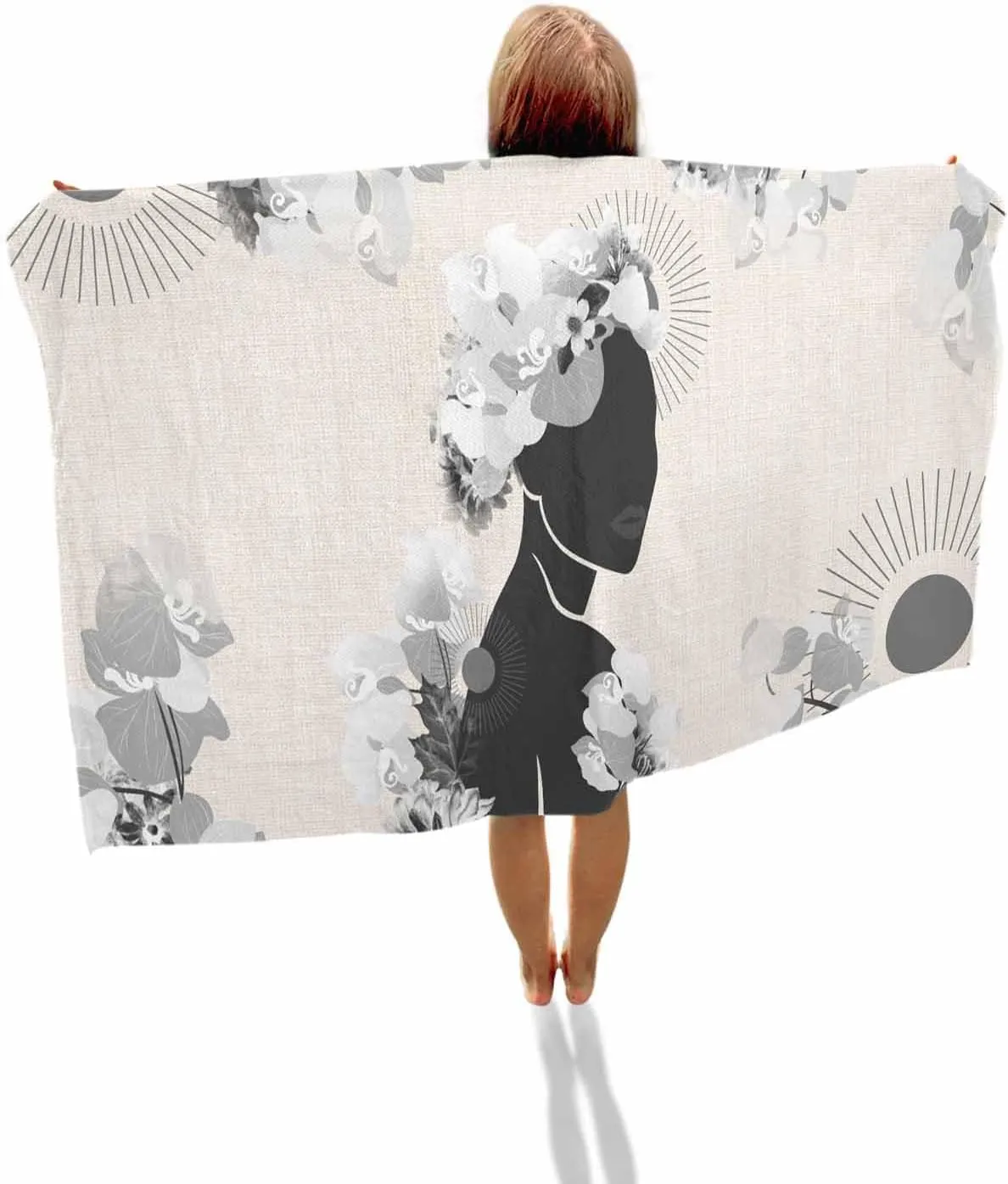 Quick-Drying Microfiber Beach Towel, Boho Black Soft Absorbent Bath Shower Towels, Flower Plant Burlap Lightweight Portable Towel/Blanket for Travel/Swimming Pool/Camping/Yoga/Gym，35x70 Inch