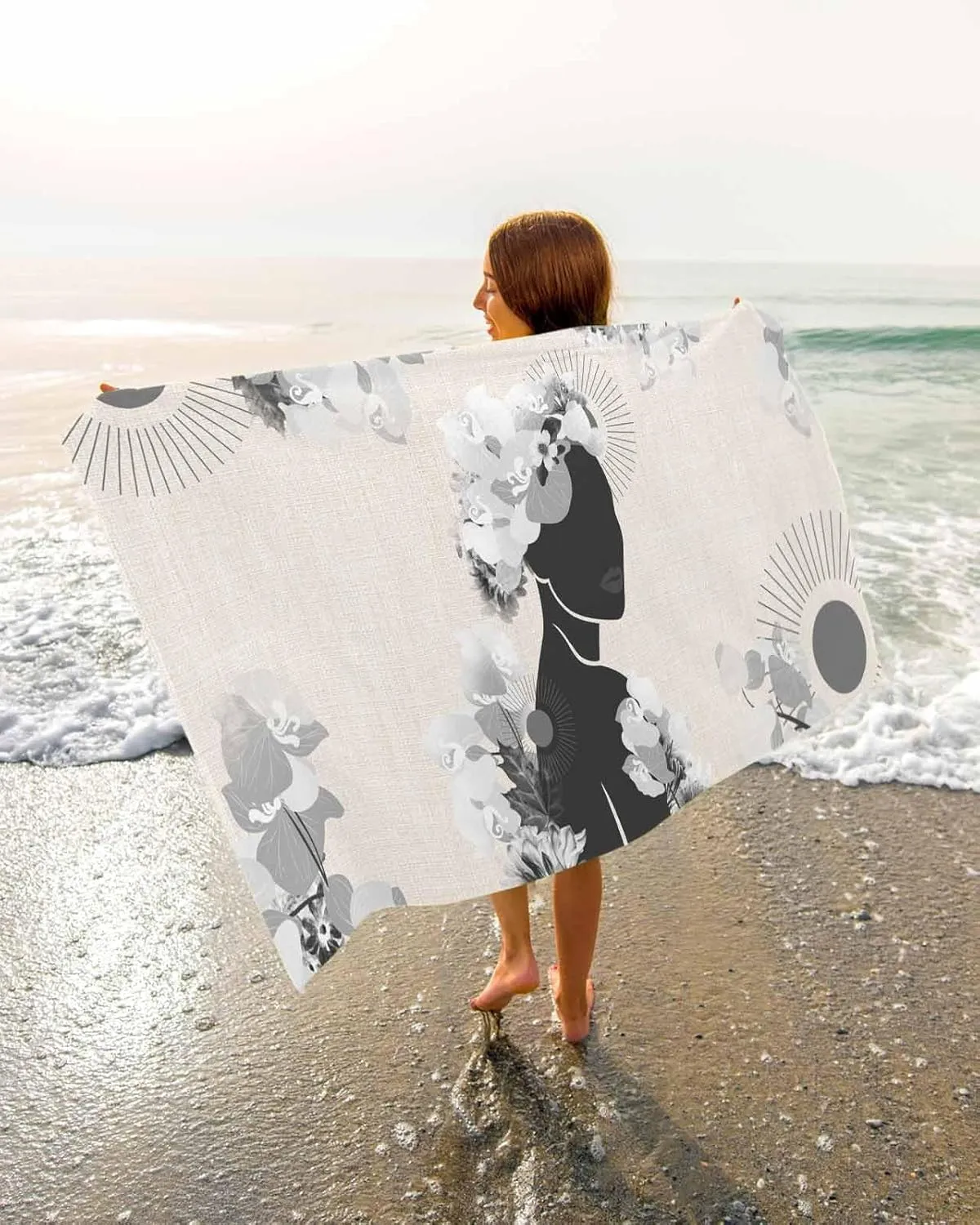 Quick-Drying Microfiber Beach Towel, Boho Black Soft Absorbent Bath Shower Towels, Flower Plant Burlap Lightweight Portable Towel/Blanket for Travel/Swimming Pool/Camping/Yoga/Gym，35x70 Inch