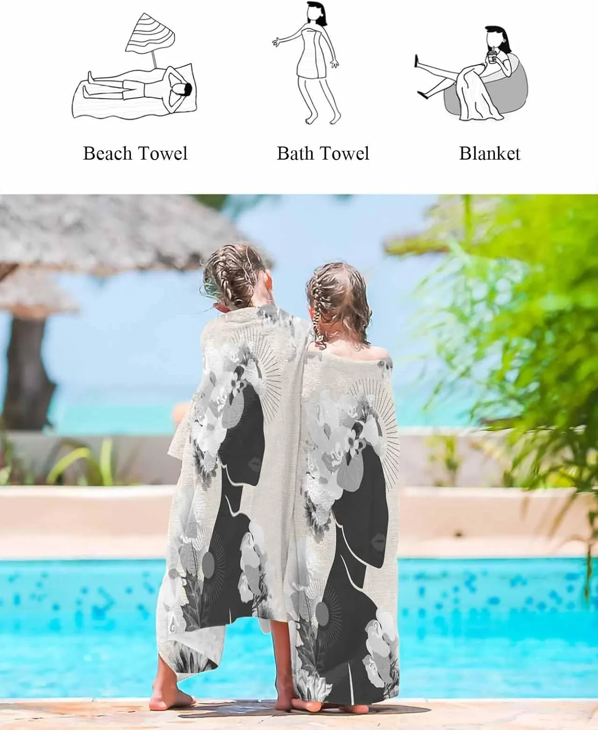 Quick-Drying Microfiber Beach Towel, Boho Black Soft Absorbent Bath Shower Towels, Flower Plant Burlap Lightweight Portable Towel/Blanket for Travel/Swimming Pool/Camping/Yoga/Gym，35x70 Inch