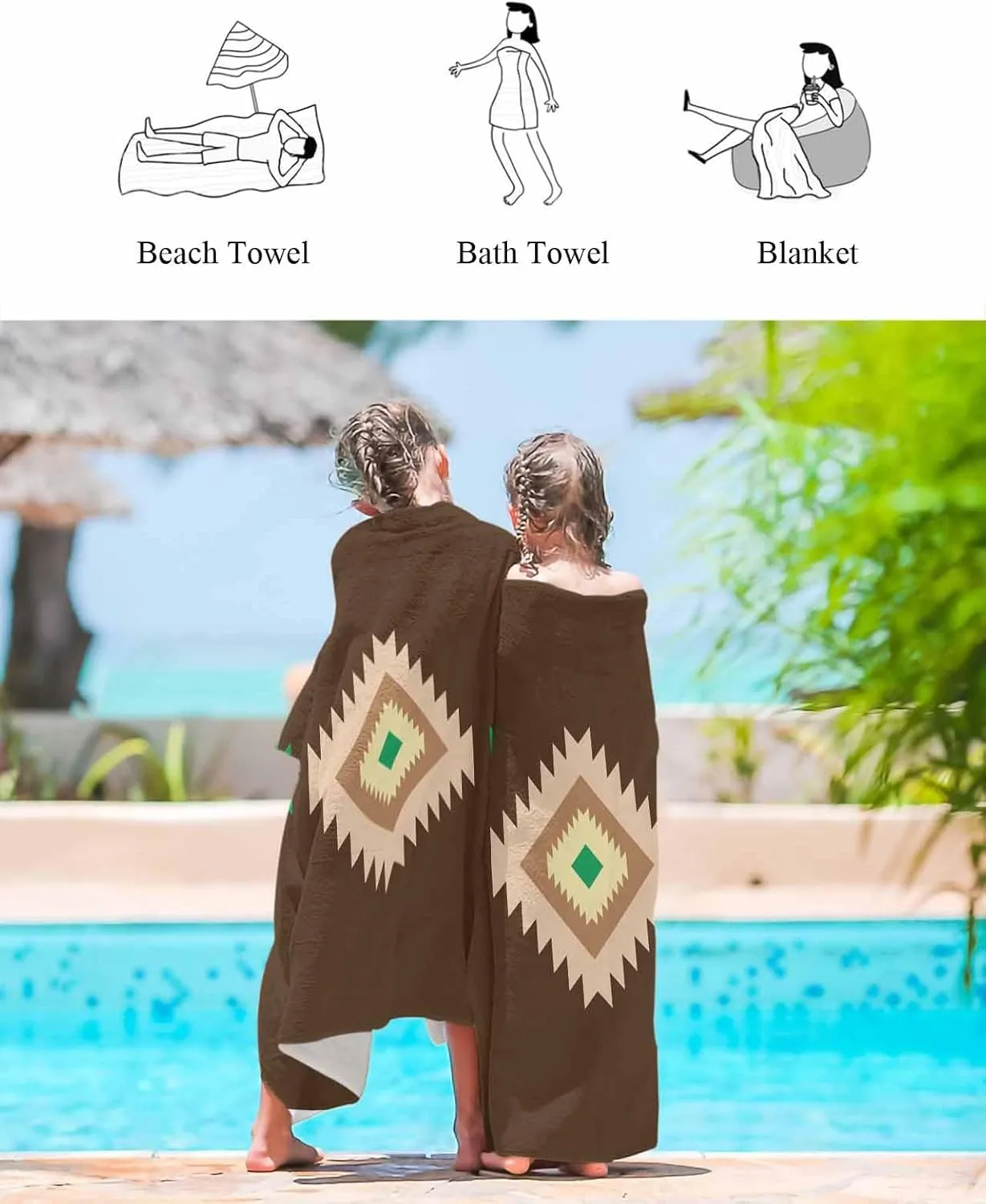 Quick-Drying Microfiber Beach Towel, Boho Brown Soft Absorbent Bath Shower Towels, Abstract Art Geometric Lightweight Portable Towel/Blanket for Travel/Swimming Pool/Camping/Yoga/Gym，35x70 Inch