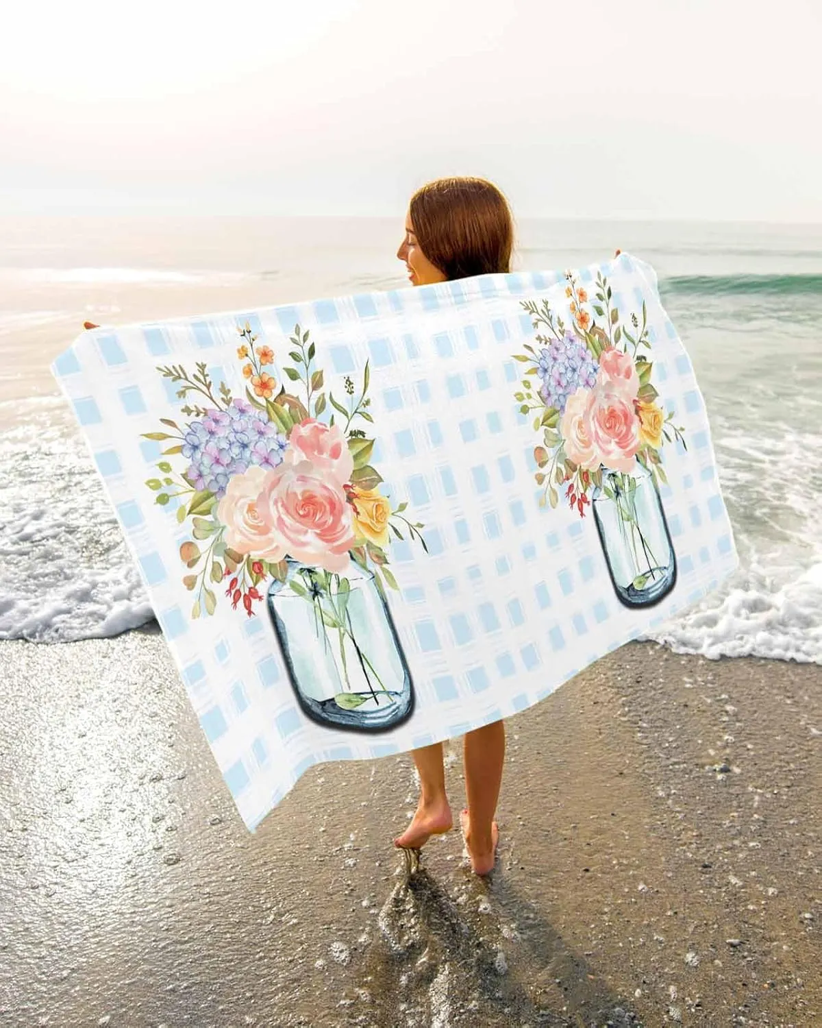 Quick-Drying Microfiber Beach Towel, Buffalo Plaid Soft Absorbent Bath Shower Towels, Flowers in Vase Gradient Lightweight Portable Towel/Blanket for Travel/Swimming Pool/Camping/Yoga/Gym，35x70 Inch