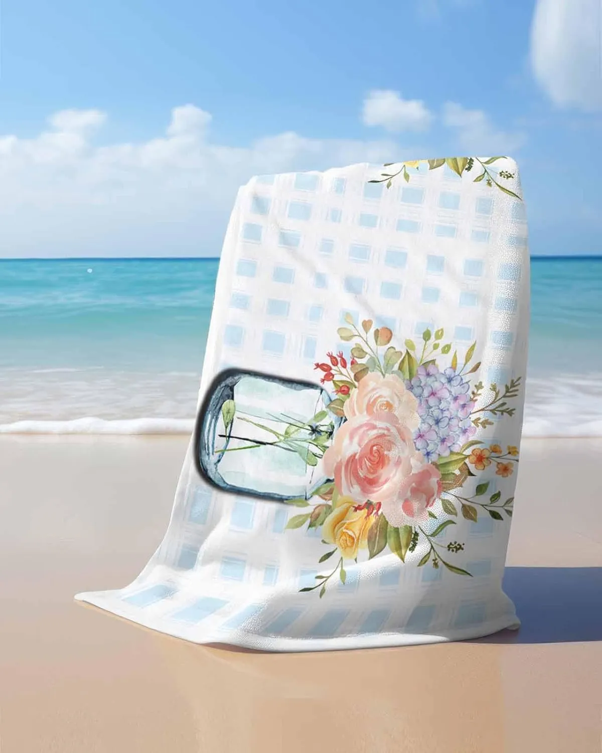 Quick-Drying Microfiber Beach Towel, Buffalo Plaid Soft Absorbent Bath Shower Towels, Flowers in Vase Gradient Lightweight Portable Towel/Blanket for Travel/Swimming Pool/Camping/Yoga/Gym，35x70 Inch