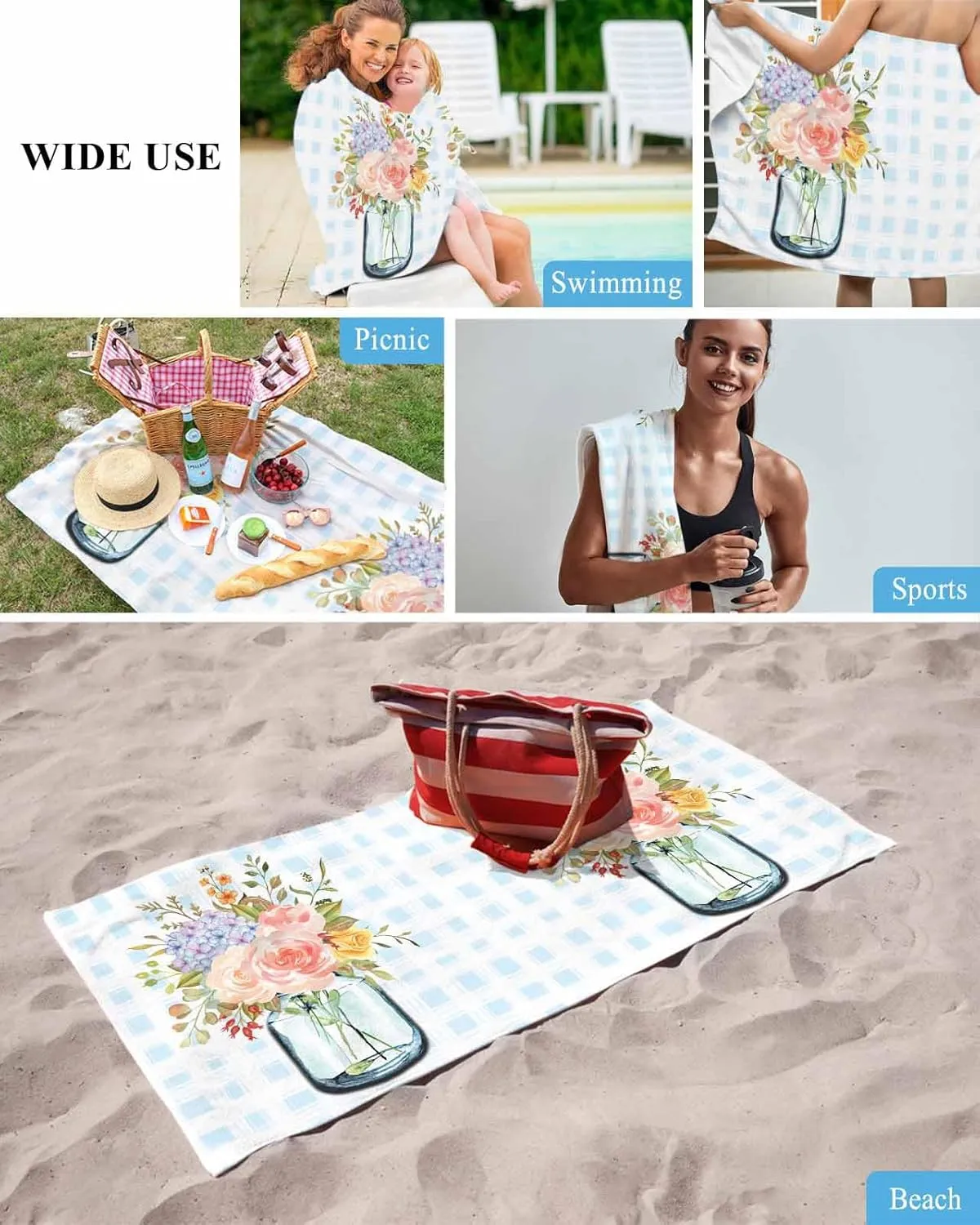 Quick-Drying Microfiber Beach Towel, Buffalo Plaid Soft Absorbent Bath Shower Towels, Flowers in Vase Gradient Lightweight Portable Towel/Blanket for Travel/Swimming Pool/Camping/Yoga/Gym，35x70 Inch