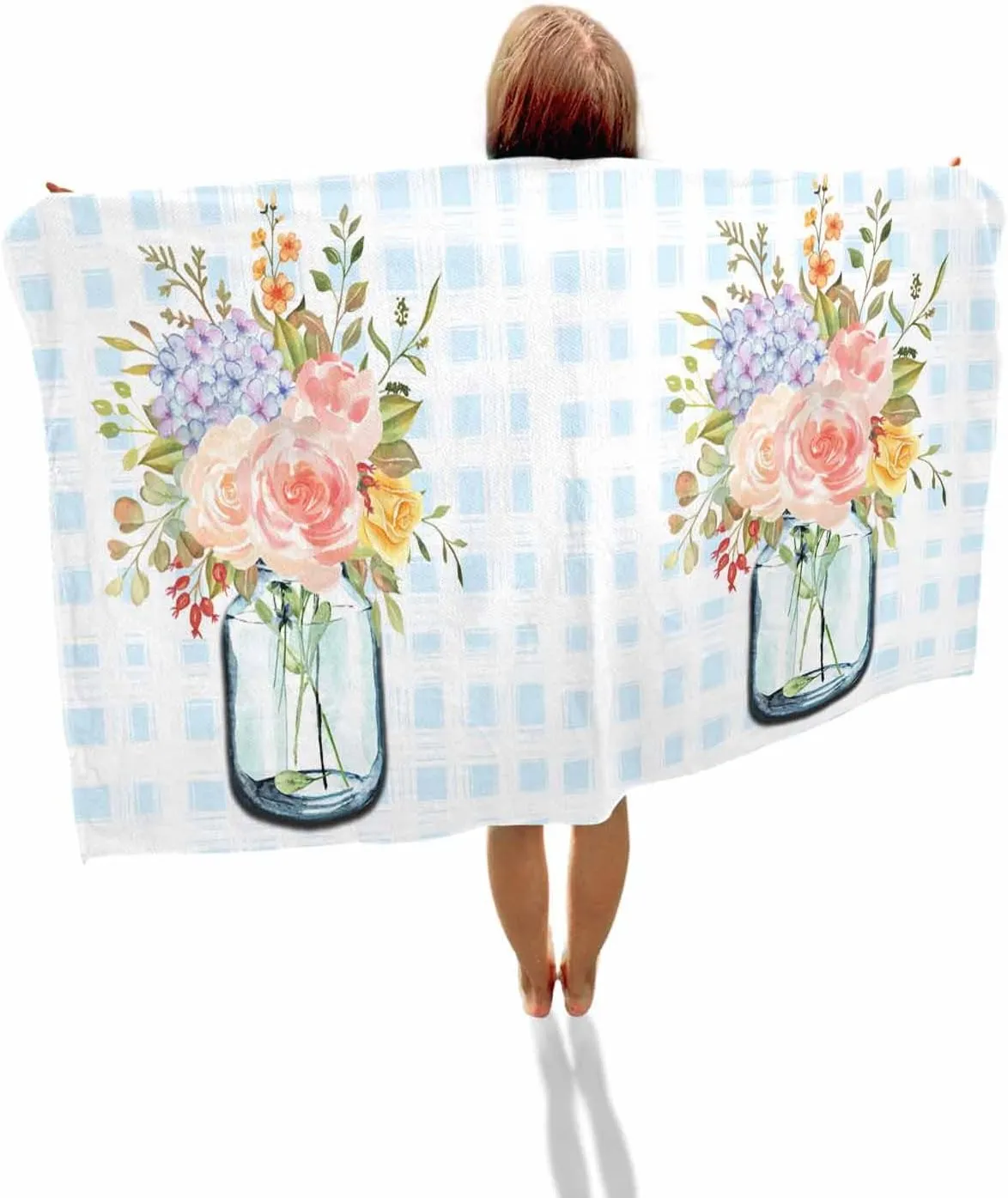 Quick-Drying Microfiber Beach Towel, Buffalo Plaid Soft Absorbent Bath Shower Towels, Flowers in Vase Gradient Lightweight Portable Towel/Blanket for Travel/Swimming Pool/Camping/Yoga/Gym，35x70 Inch