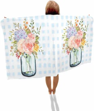 Quick-Drying Microfiber Beach Towel, Buffalo Plaid Soft Absorbent Bath Shower Towels, Flowers in Vase Gradient Lightweight Portable Towel/Blanket for Travel/Swimming Pool/Camping/Yoga/Gym，35x70 Inch