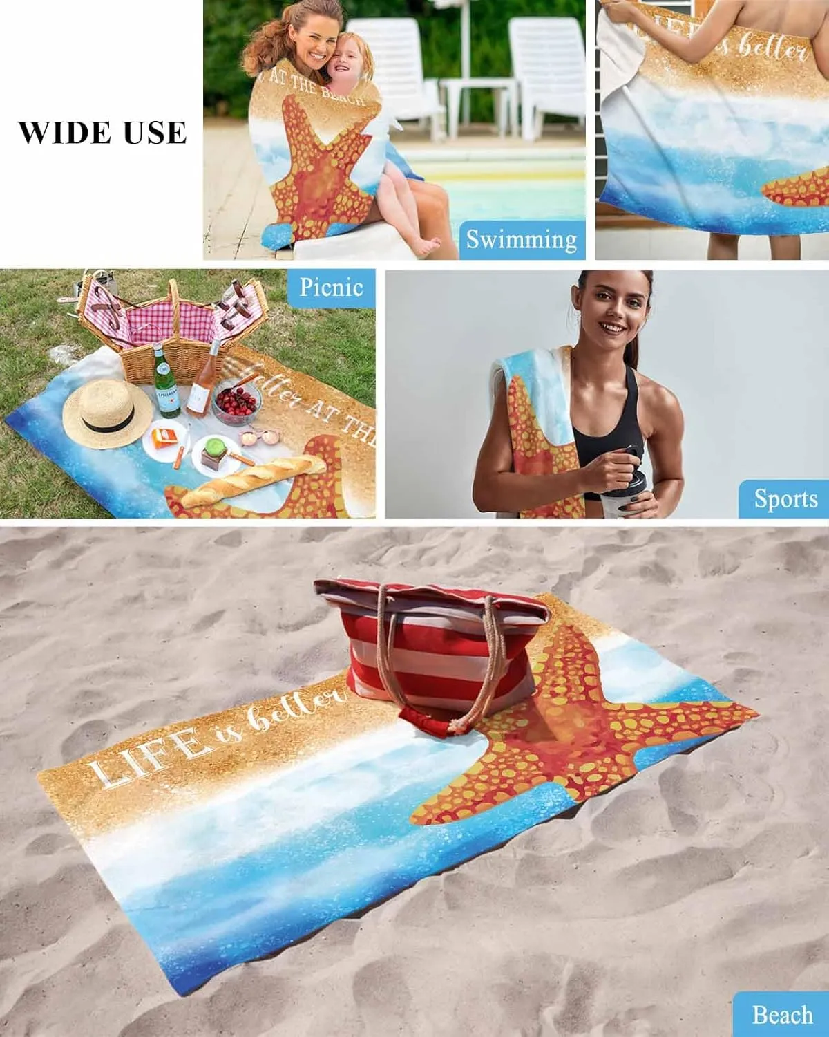 Quick-Drying Microfiber Beach Towel, Coastal Beach Theme Soft Absorbent Bath Shower Towels, Watercolor Starfish Lightweight Portable Towel/Blanket for Travel/Swimming Pool/Camping/Yoga/Gym，35x70 Inch