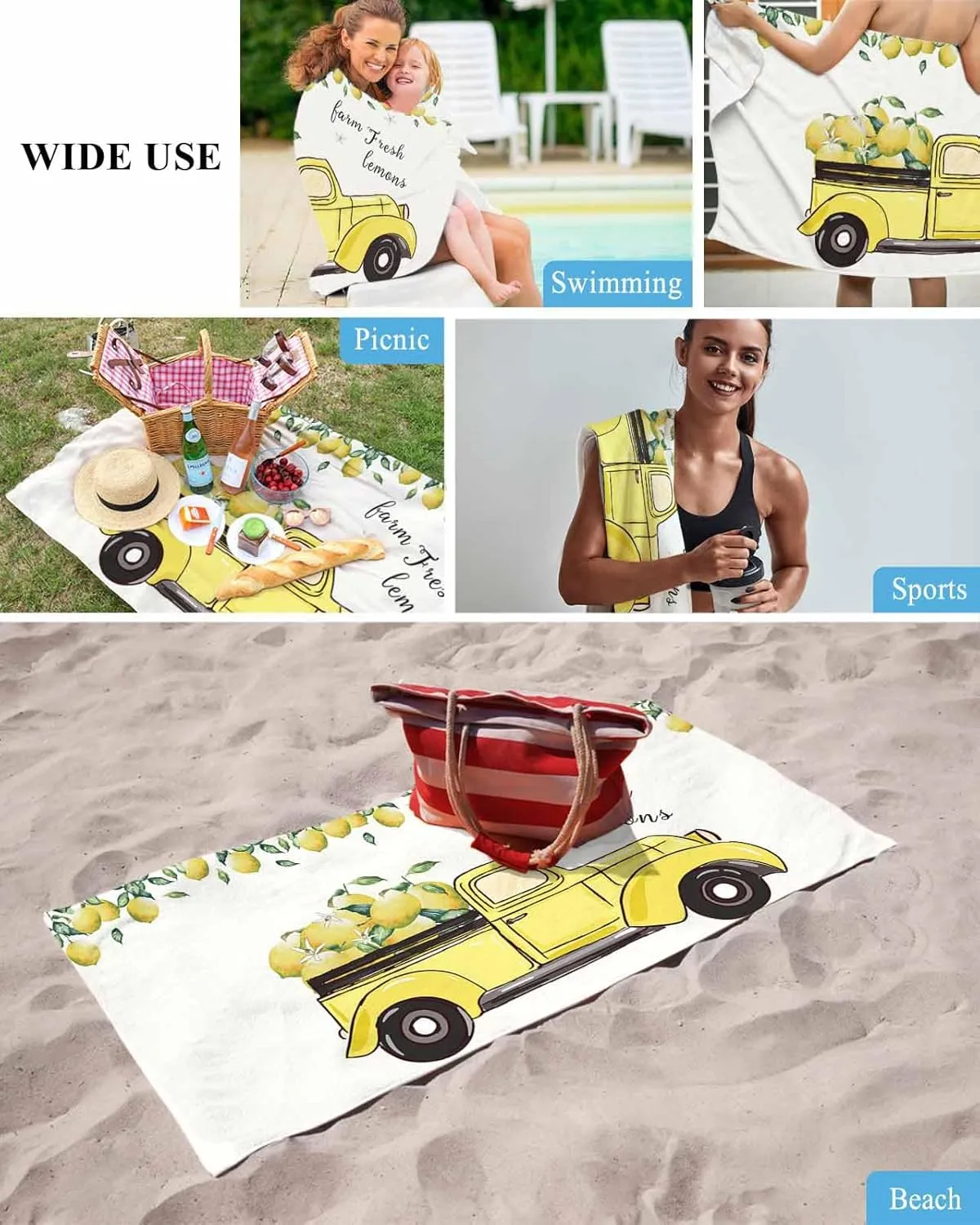Quick-Drying Microfiber Beach Towel, Country Soft Absorbent Bath Shower Towels, Truck Carrying Yellow Lemons Lightweight Portable Towel/Blanket for Travel/Swimming Pool/Camping/Yoga/Gym，35x70 Inch