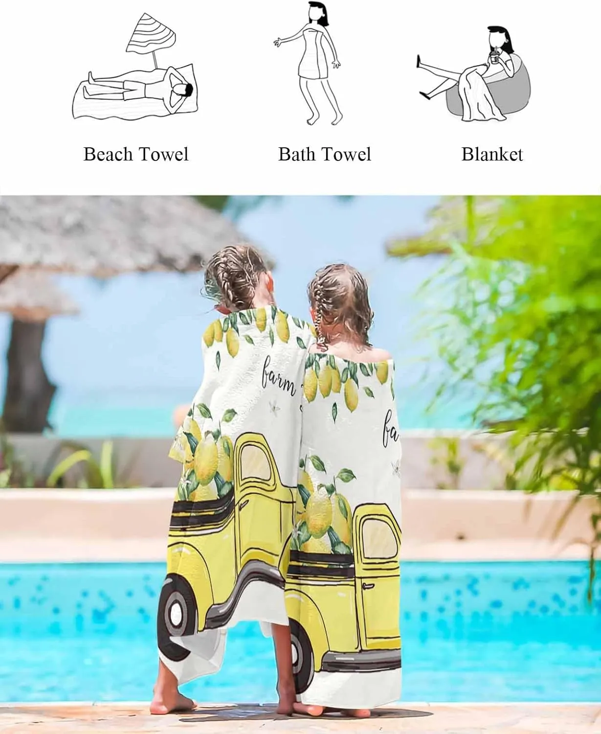 Quick-Drying Microfiber Beach Towel, Country Soft Absorbent Bath Shower Towels, Truck Carrying Yellow Lemons Lightweight Portable Towel/Blanket for Travel/Swimming Pool/Camping/Yoga/Gym，35x70 Inch