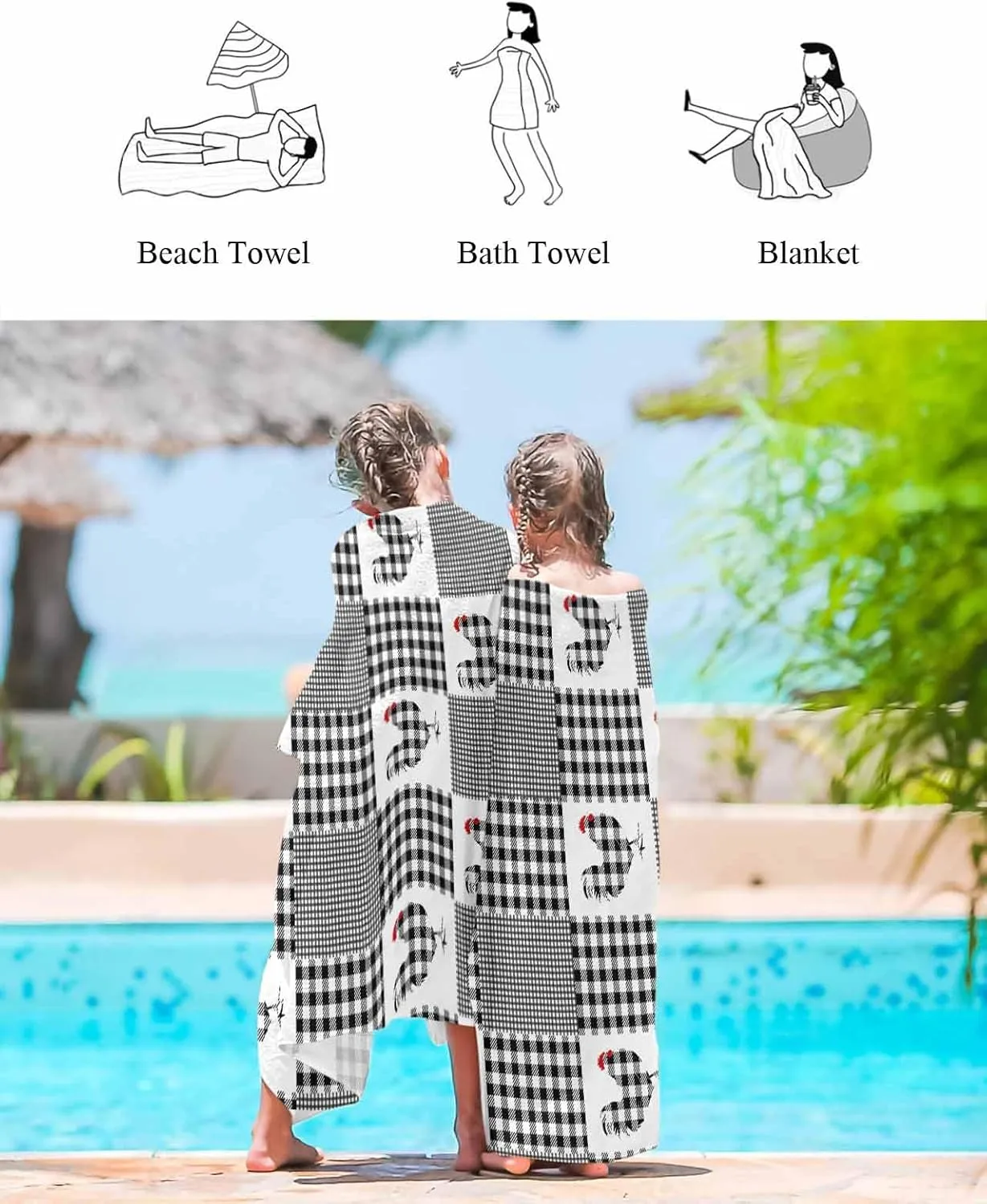 Quick-Drying Microfiber Beach Towel, Farmhouse Chicken Animal Soft Absorbent Bath Shower Towels, Buffalo Plaid Lightweight Portable Towel/Blanket for Travel/Swimming Pool/Camping/Yoga/Gym，35x70 Inch