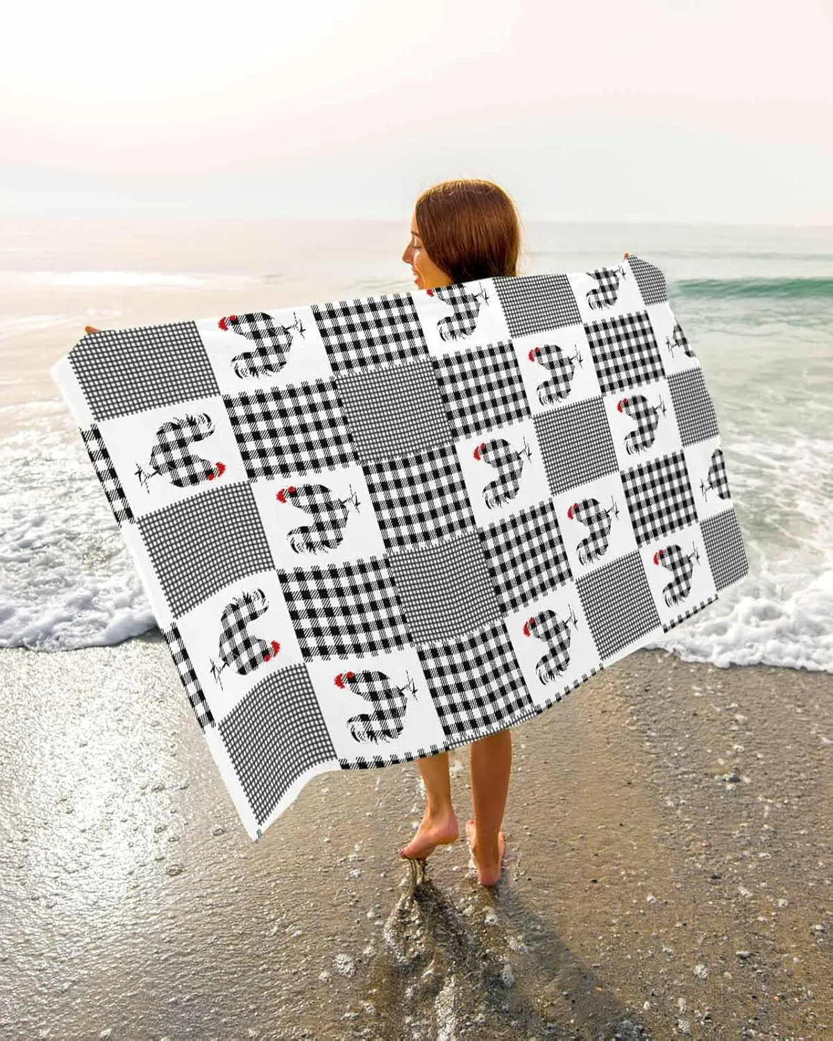 Quick-Drying Microfiber Beach Towel, Farmhouse Chicken Animal Soft Absorbent Bath Shower Towels, Buffalo Plaid Lightweight Portable Towel/Blanket for Travel/Swimming Pool/Camping/Yoga/Gym，35x70 Inch