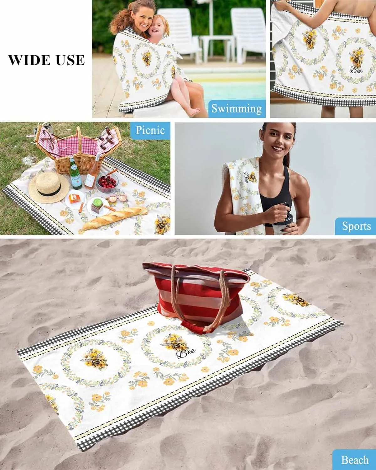 Quick-Drying Microfiber Beach Towel, Flower Bee Soft Absorbent Bath Shower Towels, Buffalo Plaid Lightweight Portable Towel/Blanket for Travel/Swimming Pool/Camping/Yoga/Gym，35x70 Inch