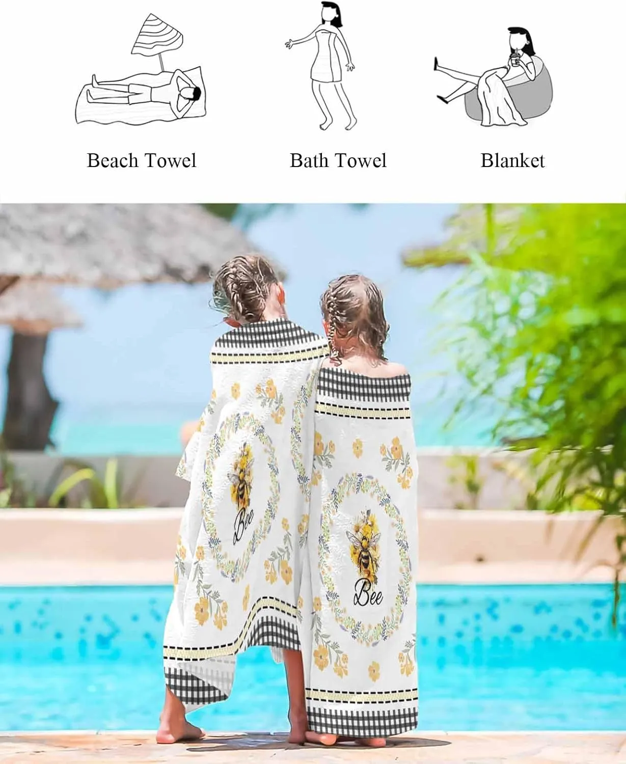 Quick-Drying Microfiber Beach Towel, Flower Bee Soft Absorbent Bath Shower Towels, Buffalo Plaid Lightweight Portable Towel/Blanket for Travel/Swimming Pool/Camping/Yoga/Gym，35x70 Inch