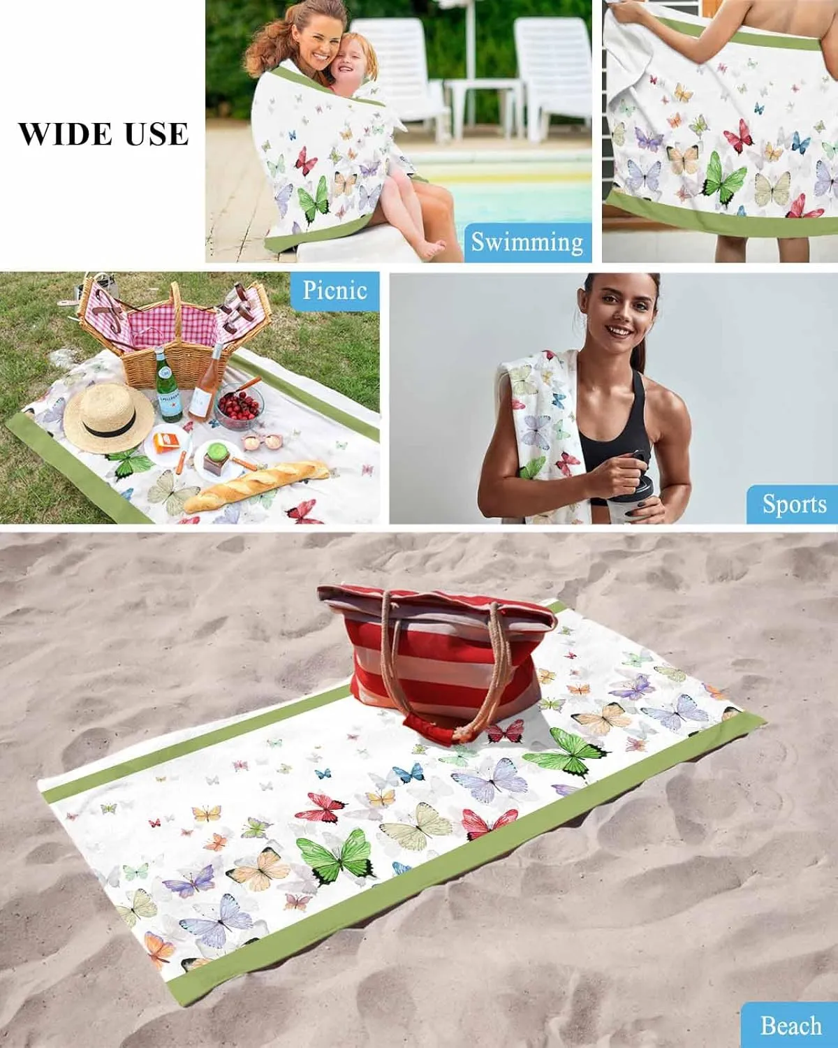 Quick-Drying Microfiber Beach Towel, Funny Butterflies Soft Absorbent Bath Shower Towels, White Lightweight Portable Towel/Blanket for Travel/Swimming Pool/Camping/Yoga/Gym，35x70 Inch
