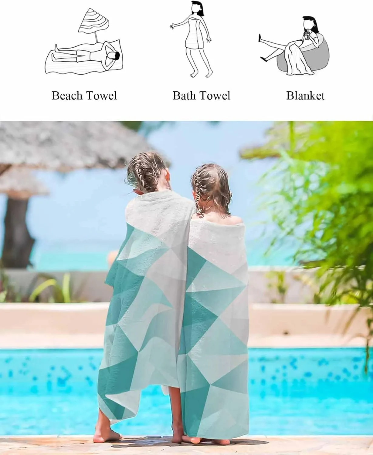 Quick-Drying Microfiber Beach Towel, Gradient Simple Soft Absorbent Bath Shower Towels, Gray Teal Geometric Art Lightweight Portable Towel/Blanket for Travel/Swimming Pool/Camping/Yoga/Gym，23x47 Inch
