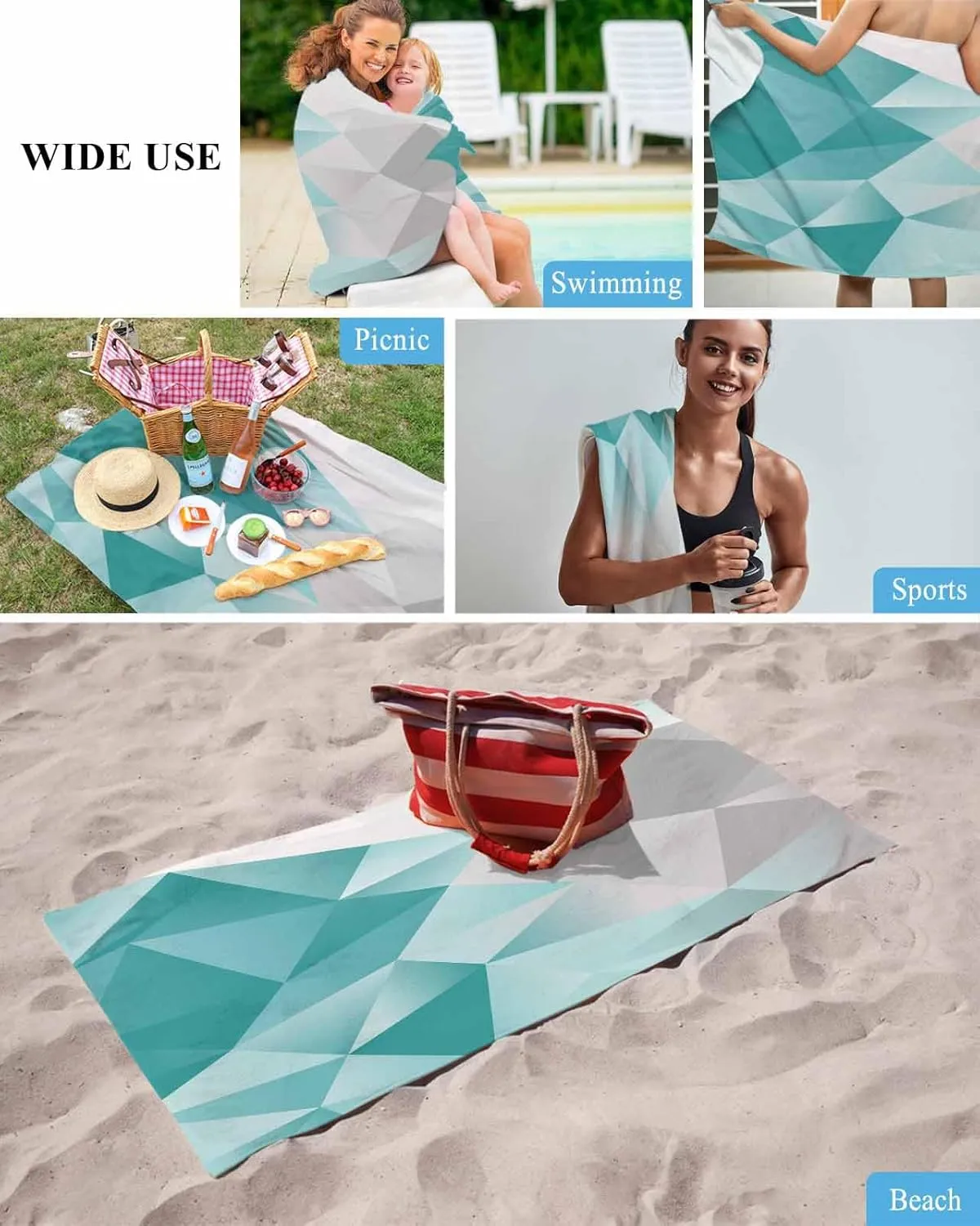 Quick-Drying Microfiber Beach Towel, Gradient Simple Soft Absorbent Bath Shower Towels, Gray Teal Geometric Art Lightweight Portable Towel/Blanket for Travel/Swimming Pool/Camping/Yoga/Gym，23x47 Inch