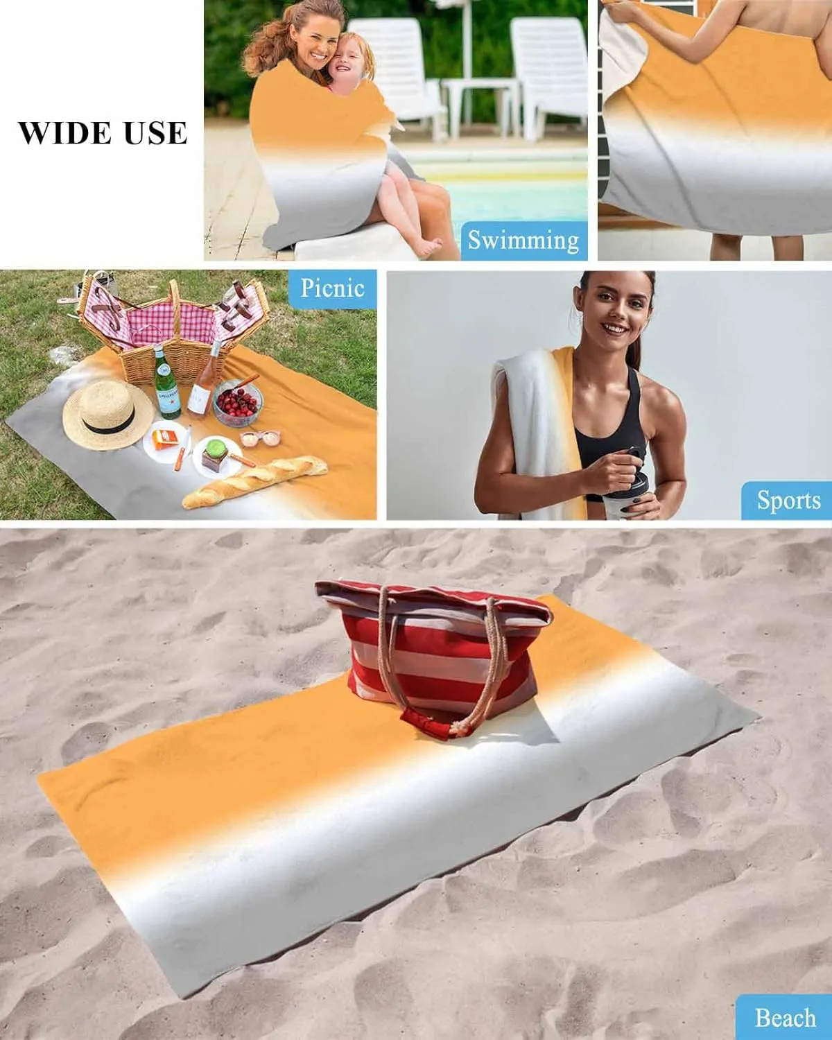 Quick-Drying Microfiber Beach Towel, Gradient Soft Absorbent Bath Shower Towels, Orange White Gray Lightweight Portable Towel/Blanket for Travel/Swimming Pool/Camping/Yoga/Gym，35x70 Inch