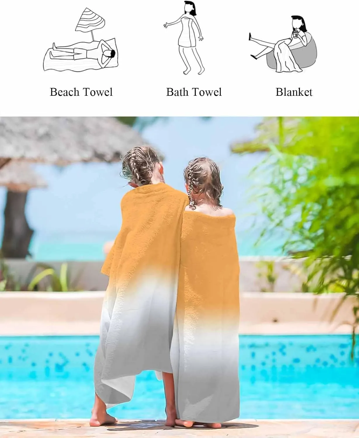 Quick-Drying Microfiber Beach Towel, Gradient Soft Absorbent Bath Shower Towels, Orange White Gray Lightweight Portable Towel/Blanket for Travel/Swimming Pool/Camping/Yoga/Gym，35x70 Inch