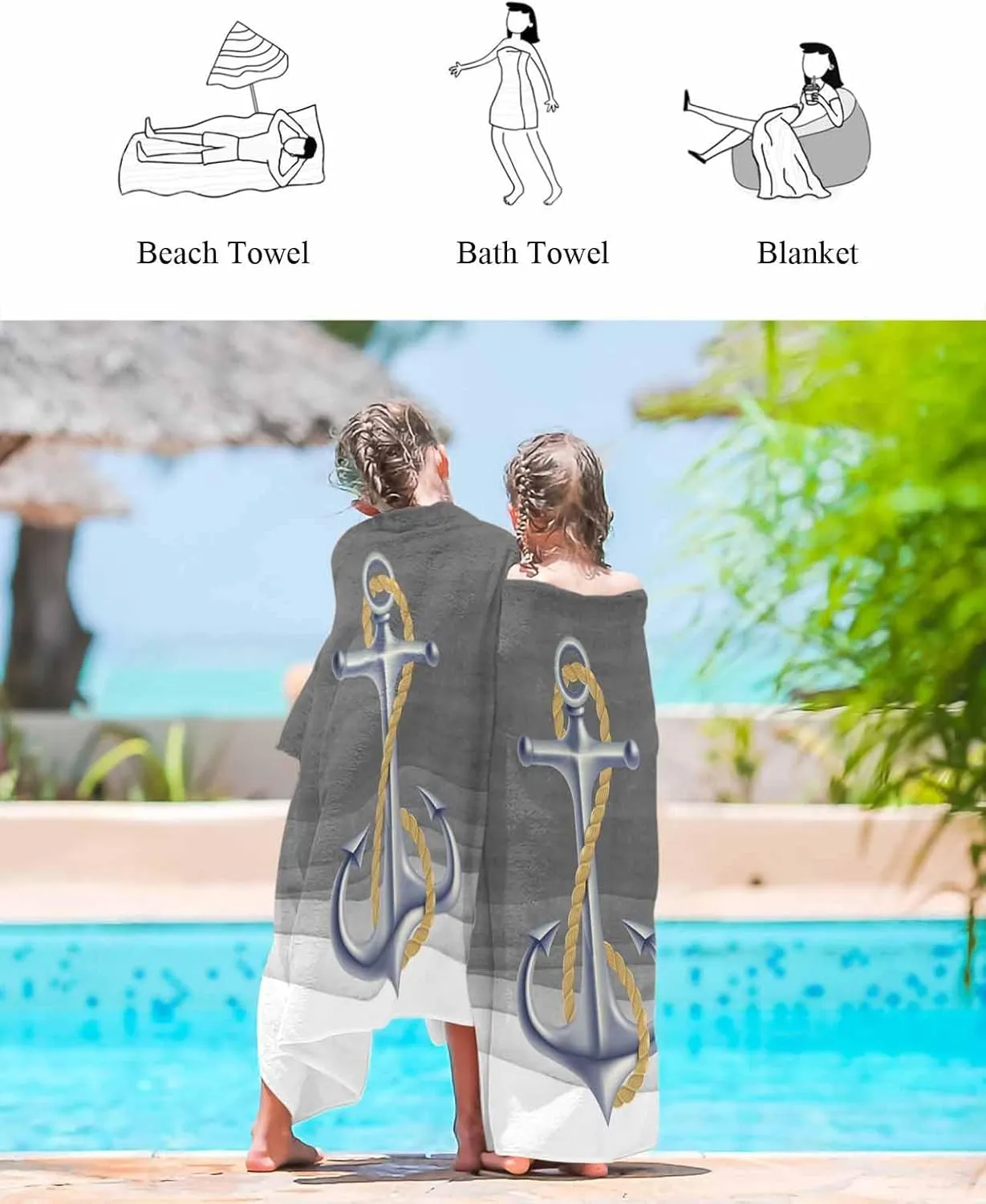 Quick-Drying Microfiber Beach Towel, Gray Soft Absorbent Bath Shower Towels, Marine Gradient Anchor Lightweight Portable Towel/Blanket for Travel/Swimming Pool/Camping/Yoga/Gym，35x70 Inch