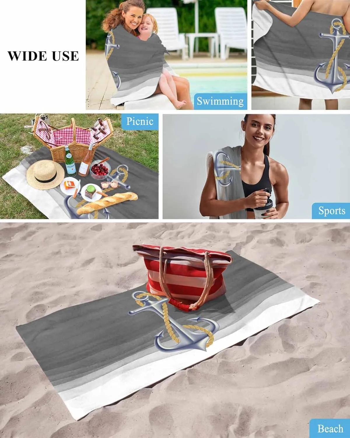 Quick-Drying Microfiber Beach Towel, Gray Soft Absorbent Bath Shower Towels, Marine Gradient Anchor Lightweight Portable Towel/Blanket for Travel/Swimming Pool/Camping/Yoga/Gym，35x70 Inch