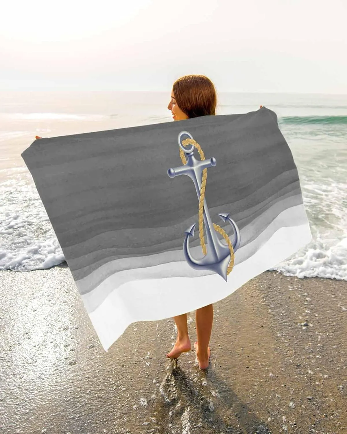 Quick-Drying Microfiber Beach Towel, Gray Soft Absorbent Bath Shower Towels, Marine Gradient Anchor Lightweight Portable Towel/Blanket for Travel/Swimming Pool/Camping/Yoga/Gym，35x70 Inch