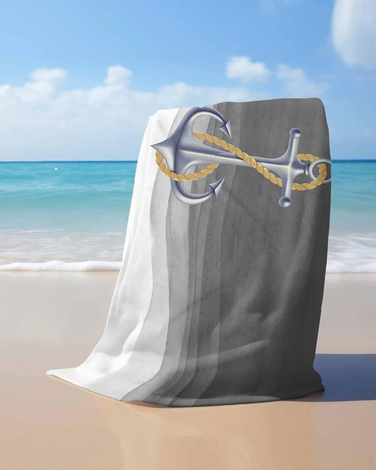 Quick-Drying Microfiber Beach Towel, Gray Soft Absorbent Bath Shower Towels, Marine Gradient Anchor Lightweight Portable Towel/Blanket for Travel/Swimming Pool/Camping/Yoga/Gym，35x70 Inch