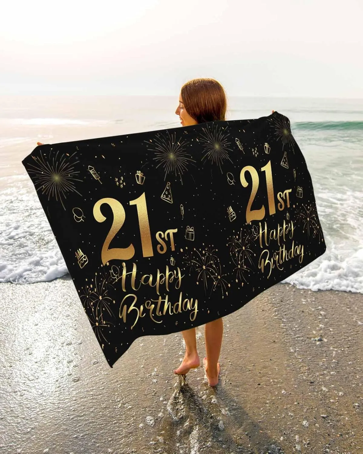 Quick-Drying Microfiber Beach Towel, Happy Birthday Soft Absorbent Bath Shower Towels, Fireworks Lightweight Portable Towel/Blanket for Travel/Swimming Pool/Camping/Yoga/Gym，35x70 Inch