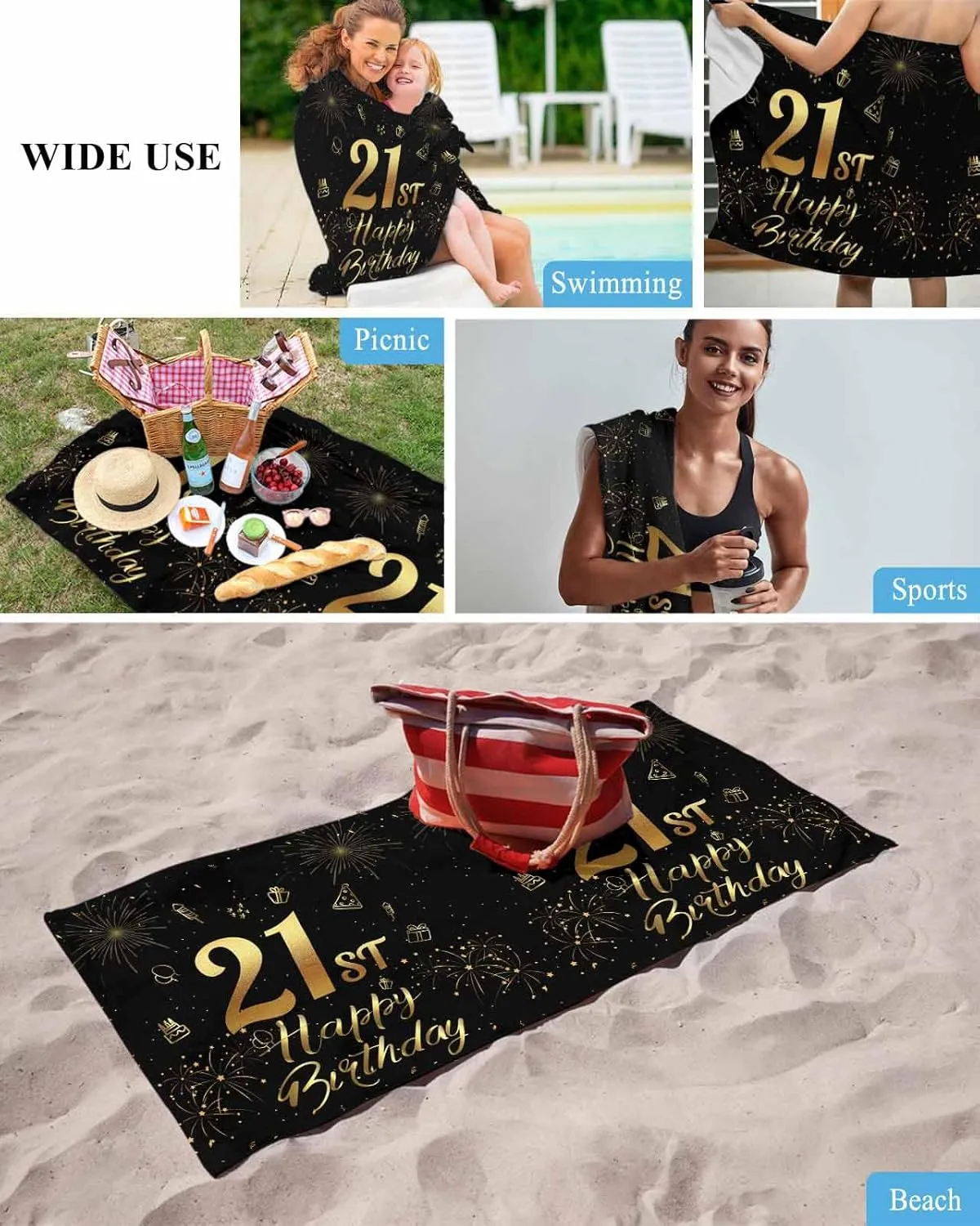 Quick-Drying Microfiber Beach Towel, Happy Birthday Soft Absorbent Bath Shower Towels, Fireworks Lightweight Portable Towel/Blanket for Travel/Swimming Pool/Camping/Yoga/Gym，35x70 Inch