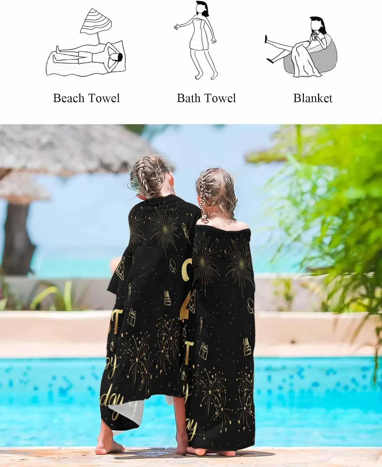 Quick-Drying Microfiber Beach Towel, Happy Birthday Soft Absorbent Bath Shower Towels, Fireworks Lightweight Portable Towel/Blanket for Travel/Swimming Pool/Camping/Yoga/Gym，35x70 Inch