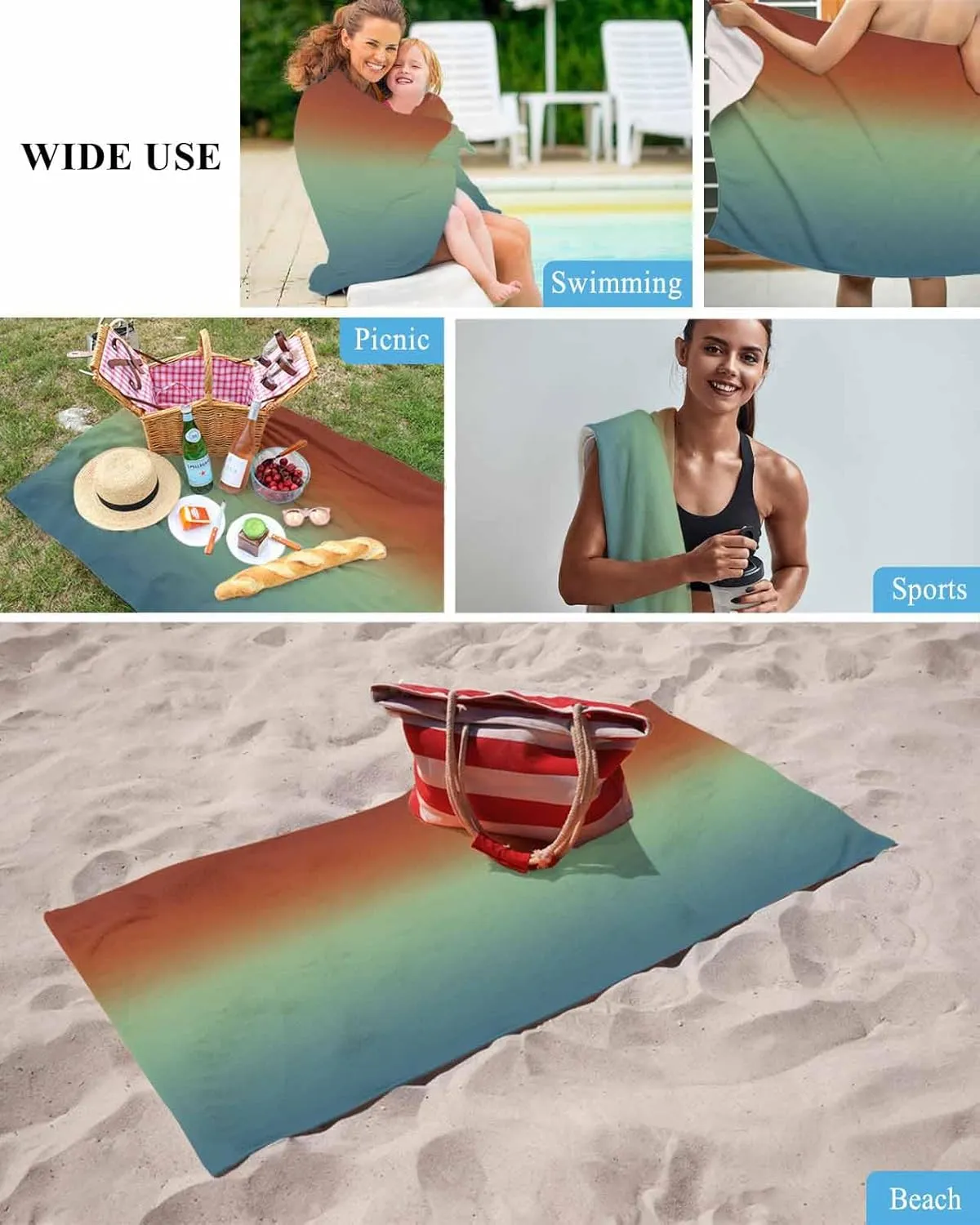 Quick-Drying Microfiber Beach Towel, Modern Abstract Art Soft Absorbent Bath Shower Towels, Red Green Gradient Lightweight Portable Towel/Blanket for Travel/Swimming Pool/Camping/Yoga/Gym，35x70 Inch