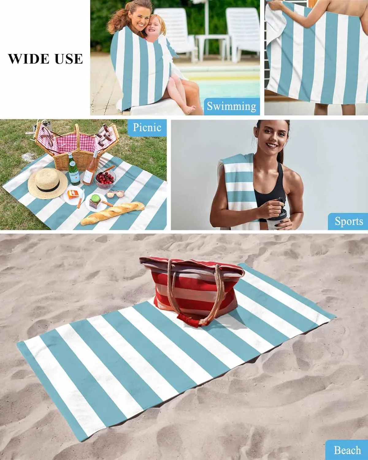 Quick-Drying Microfiber Beach Towel, Modern Simple Soft Absorbent Bath Shower Towels, Green Geometric Stripe Lightweight Portable Towel/Blanket for Travel/Swimming Pool/Camping/Yoga/Gym，35x70 Inch