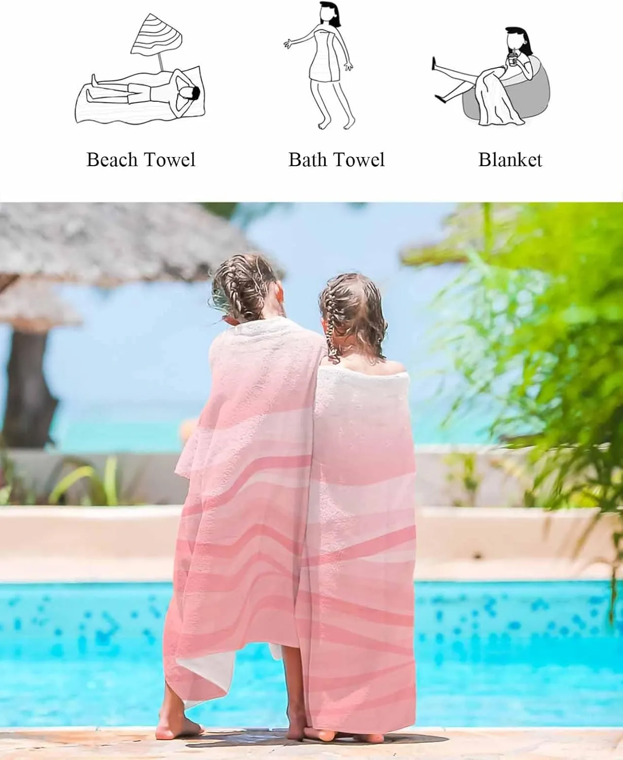 Quick-Drying Microfiber Beach Towel, Modern Simple Soft Absorbent Bath Shower Towels, Pink Wave Gradient Lightweight Portable Towel/Blanket for Travel/Swimming Pool/Camping/Yoga/Gym，35x70 Inch