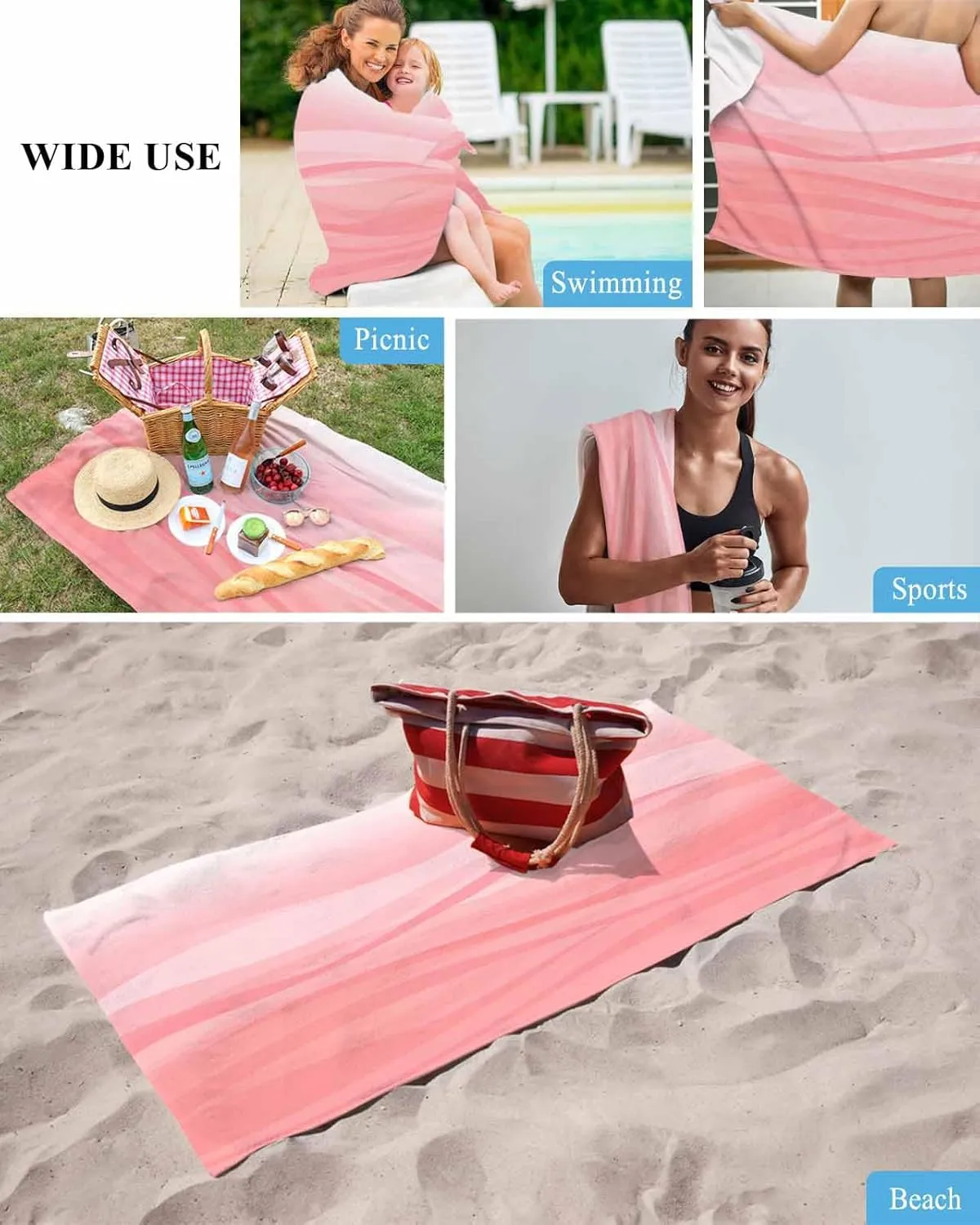 Quick-Drying Microfiber Beach Towel, Modern Simple Soft Absorbent Bath Shower Towels, Pink Wave Gradient Lightweight Portable Towel/Blanket for Travel/Swimming Pool/Camping/Yoga/Gym，35x70 Inch