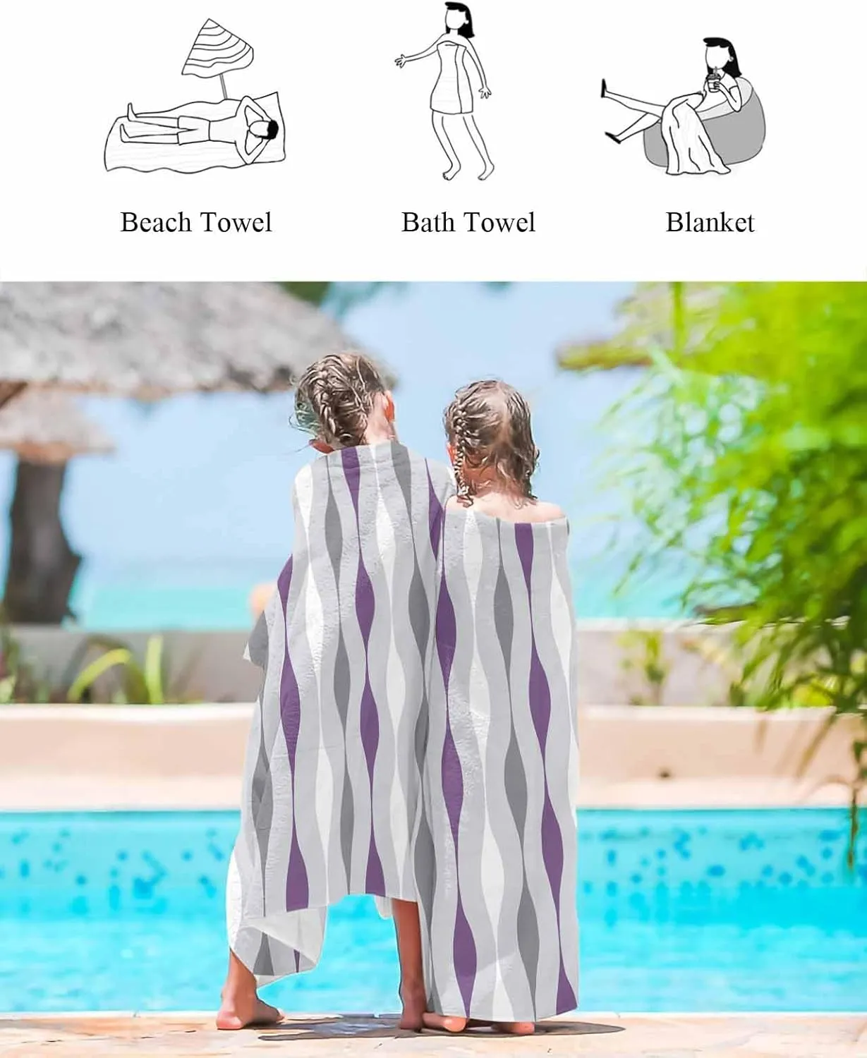 Quick-Drying Microfiber Beach Towel, Modern Simple Soft Absorbent Bath Shower Towels, Purple Geometric Stripes Lightweight Portable Towel/Blanket for Travel/Swimming Pool/Camping/Yoga/Gym，35x70 Inch