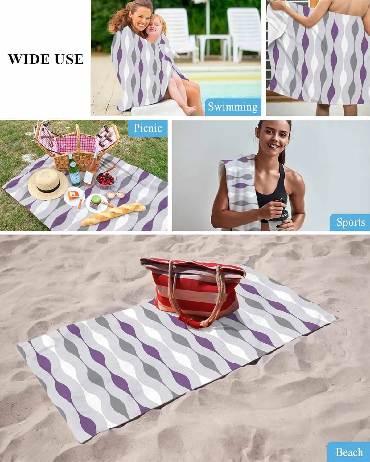 Quick-Drying Microfiber Beach Towel, Modern Simple Soft Absorbent Bath Shower Towels, Purple Geometric Stripes Lightweight Portable Towel/Blanket for Travel/Swimming Pool/Camping/Yoga/Gym，35x70 Inch