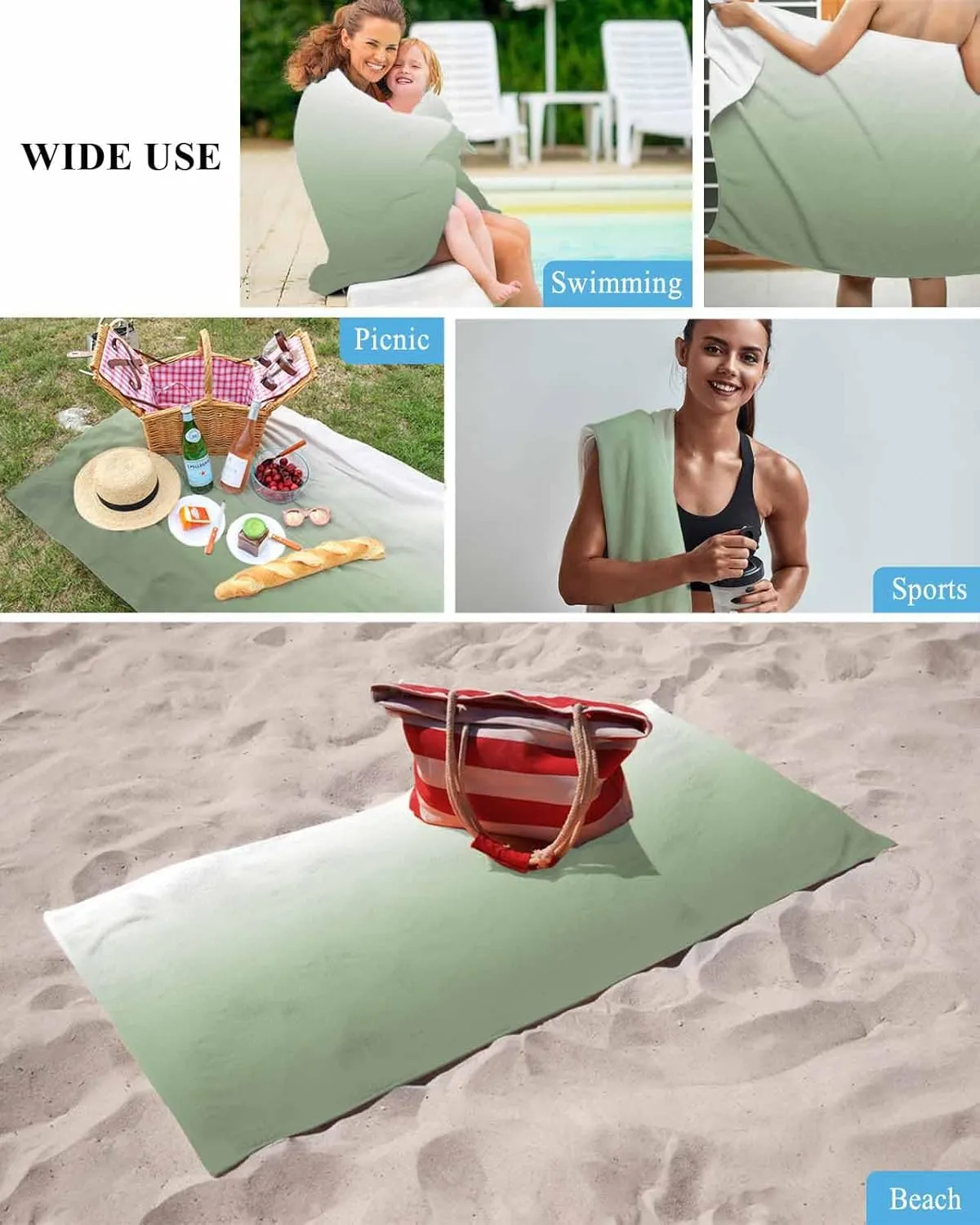 Quick-Drying Microfiber Beach Towel, Modern Simple Soft Absorbent Bath Shower Towels, Sage Green Gradient Lightweight Portable Towel/Blanket for Travel/Swimming Pool/Camping/Yoga/Gym，35x70 Inch