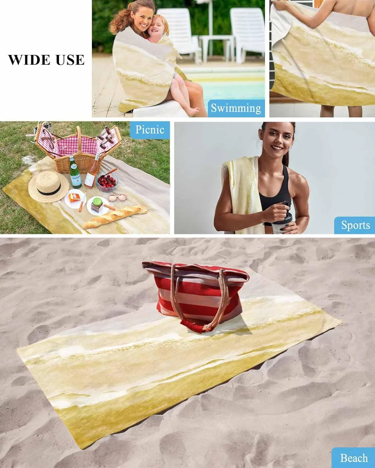 Quick-Drying Microfiber Beach Towel, Nautical Coastal Soft Absorbent Bath Shower Towels, Yellow Gradient Beach Lightweight Portable Towel/Blanket for Travel/Swimming Pool/Camping/Yoga/Gym，35x70 Inch