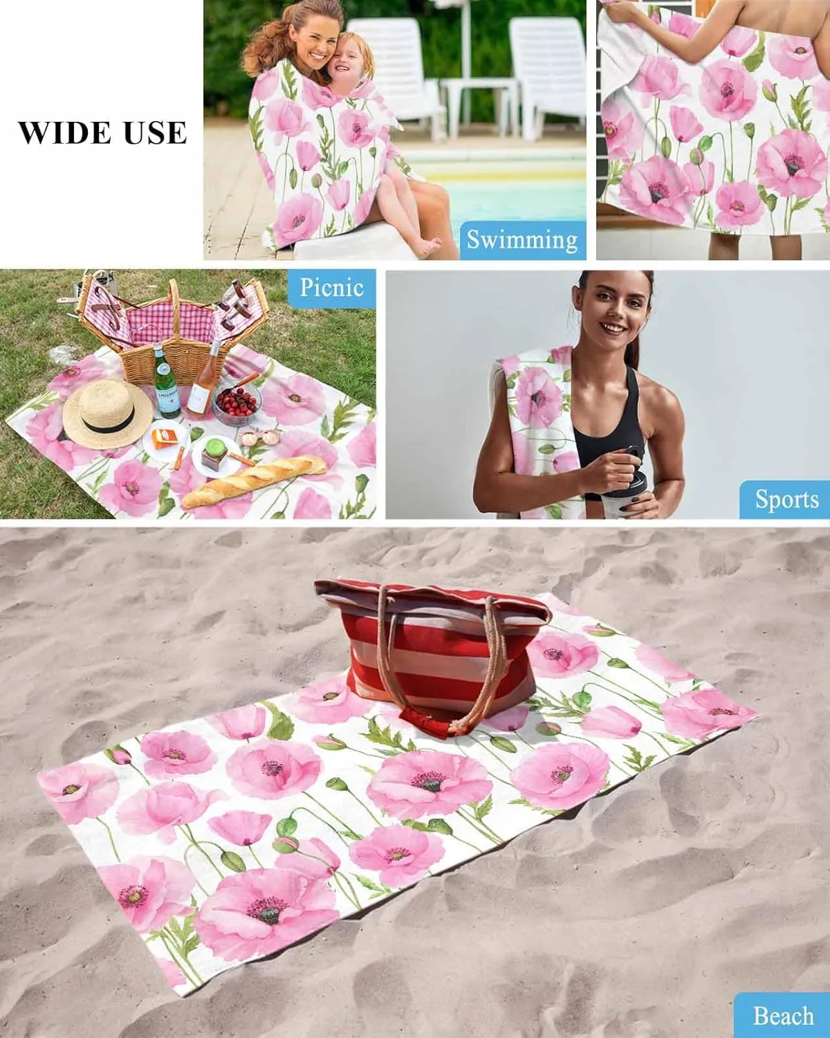 Quick-Drying Microfiber Beach Towel, Pink Flowers Soft Absorbent Bath Shower Towels, Rustic Floral Farmhouse Lightweight Portable Towel/Blanket for Travel/Swimming Pool/Camping/Yoga/Gym，35x70 Inch