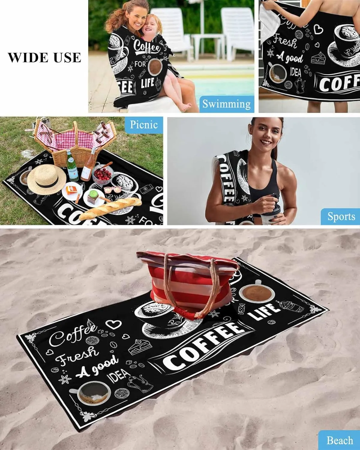 Quick-Drying Microfiber Beach Towel, Rustic Coffee Soft Absorbent Bath Shower Towels, Casual Black Lightweight Portable Towel/Blanket for Travel/Swimming Pool/Camping/Yoga/Gym，35x70 Inch