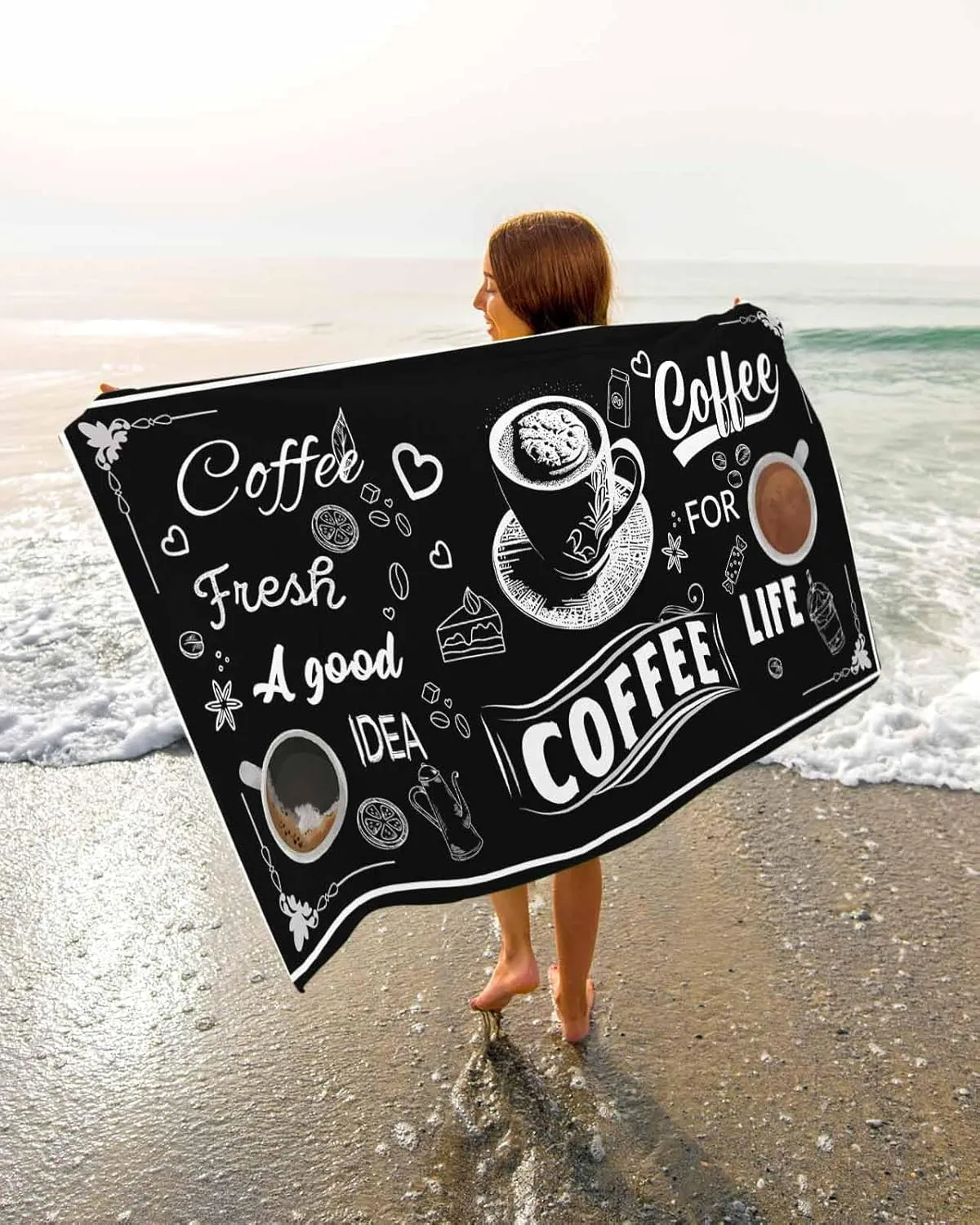 Quick-Drying Microfiber Beach Towel, Rustic Coffee Soft Absorbent Bath Shower Towels, Casual Black Lightweight Portable Towel/Blanket for Travel/Swimming Pool/Camping/Yoga/Gym，35x70 Inch
